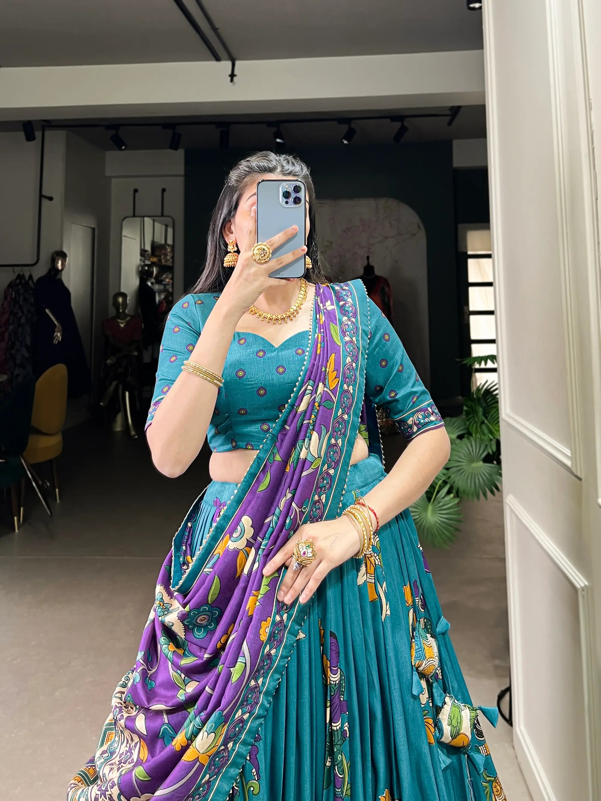 Sea Blue Tussar Silk Lehenga Choli With Kalamkari Print & Foil Work | Ready To Wear - qivii