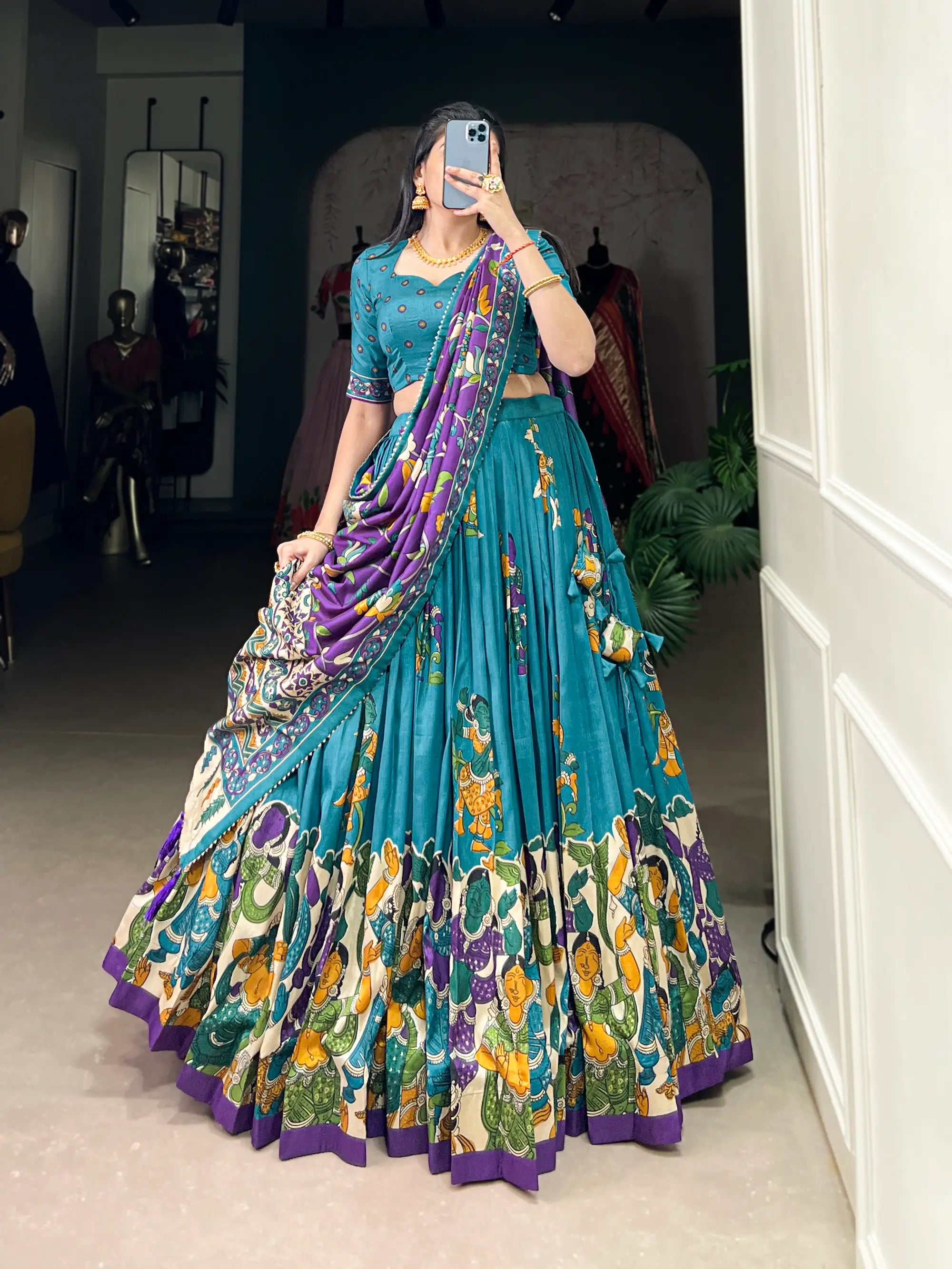 Sea Blue Tussar Silk Lehenga Choli With Kalamkari Print & Foil Work | Ready To Wear - qivii