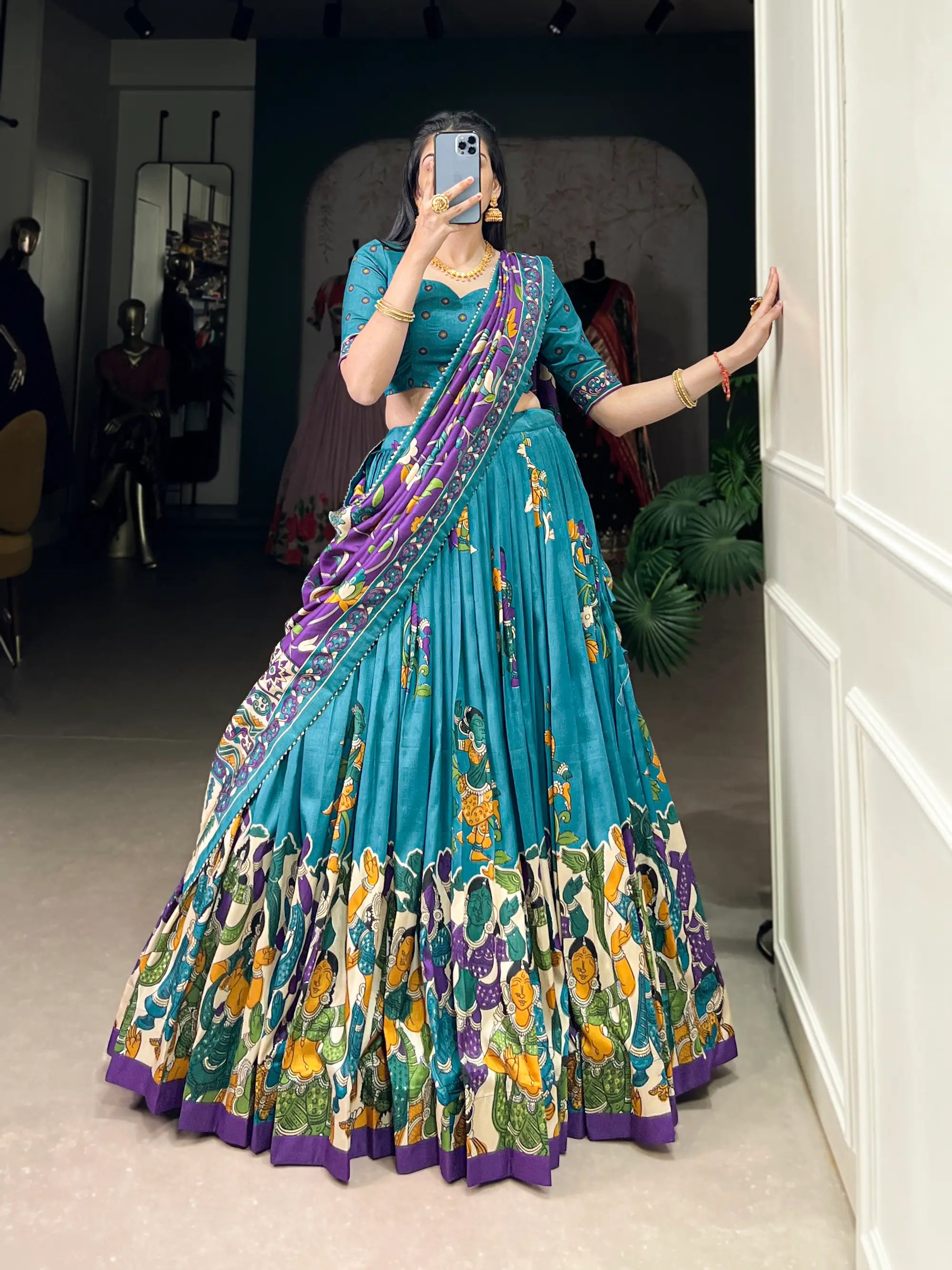 Sea Blue Tussar Silk Lehenga Choli With Kalamkari Print & Foil Work | Ready To Wear - qivii