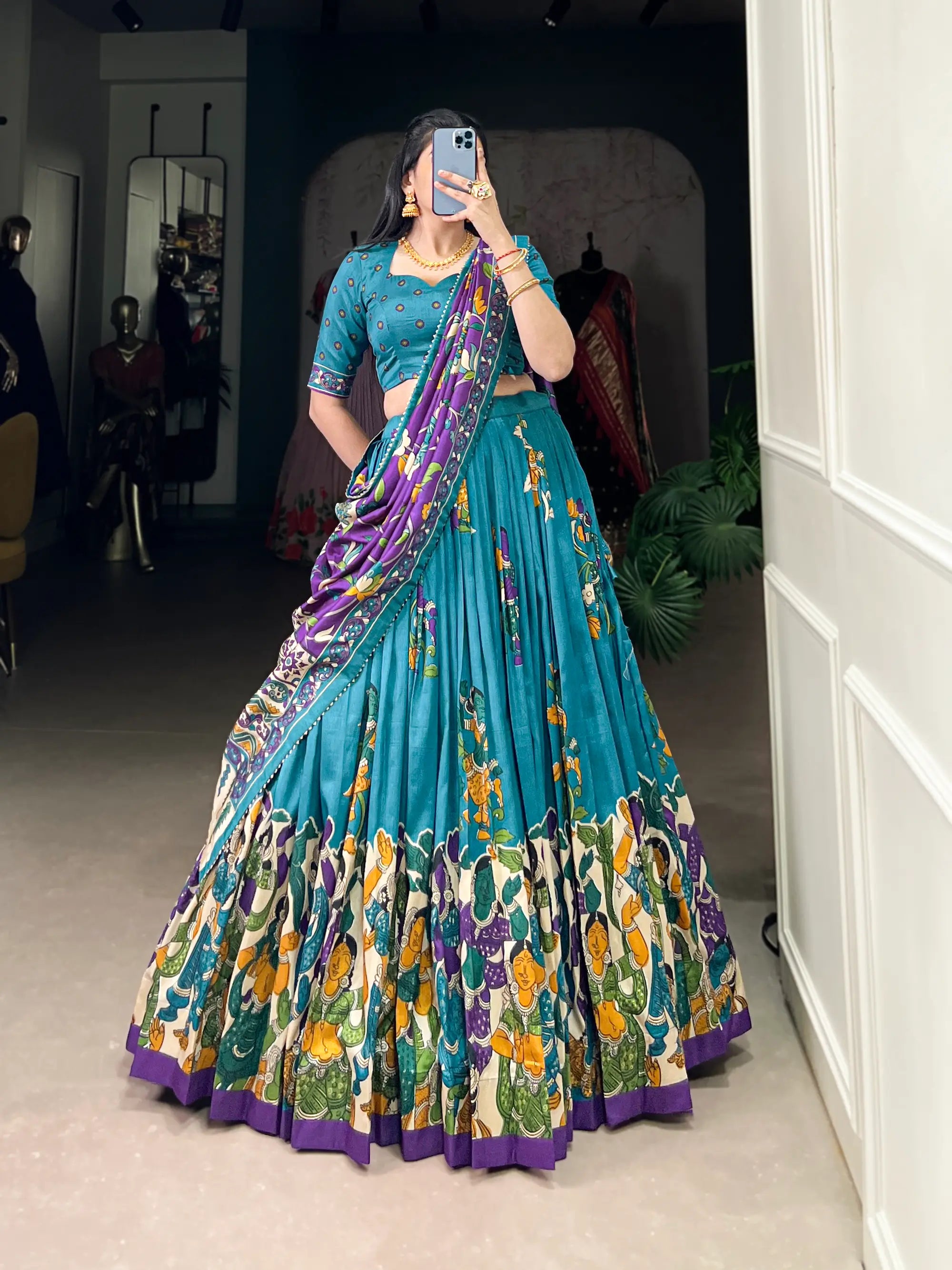 Sea Blue Tussar Silk Lehenga Choli With Kalamkari Print & Foil Work | Ready To Wear - qivii