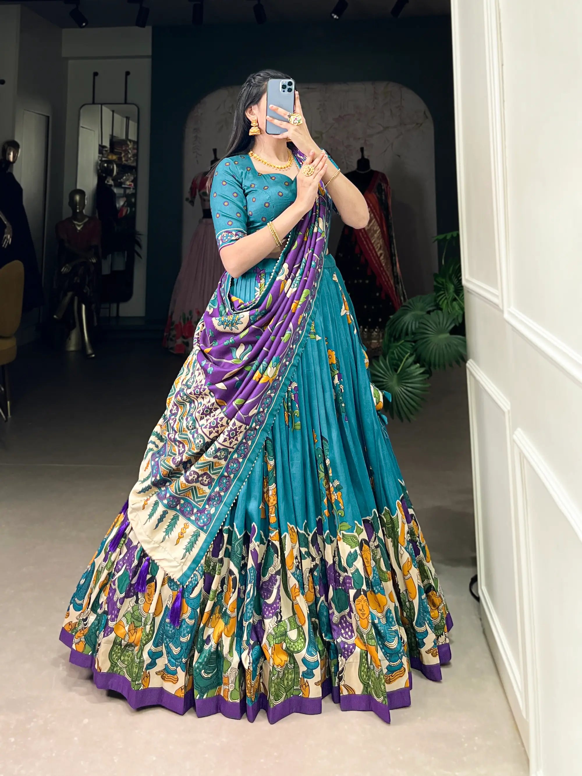 Sea Blue Tussar Silk Lehenga Choli With Kalamkari Print & Foil Work | Ready To Wear - qivii