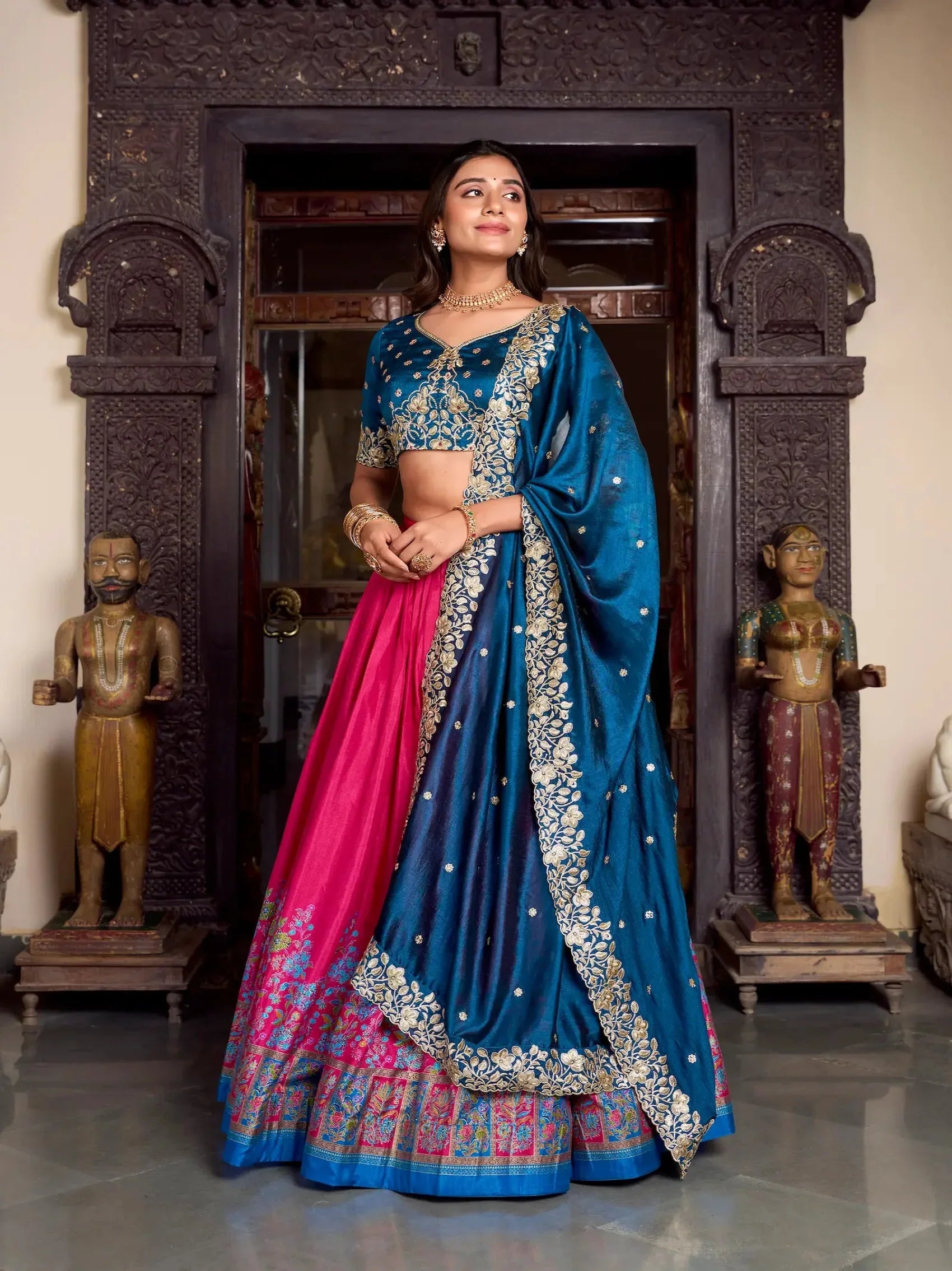 Dark Pink Tussar Silk Lehenga Choli With Digital Print & Embroidery Work - qivii