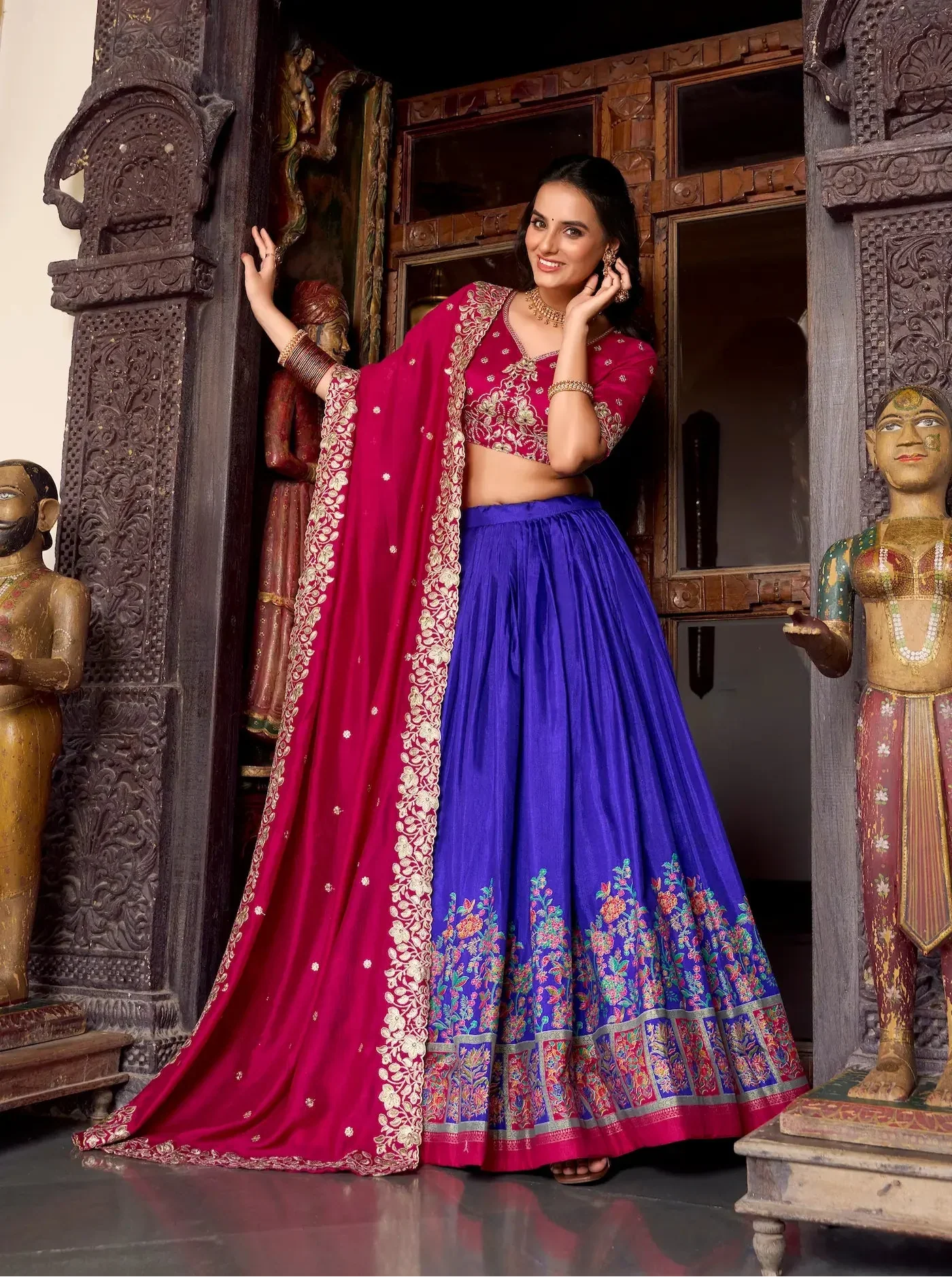 Royal Blue Tussar Silk Lehenga Choli With Digital Print & Embroidery Work - qivii