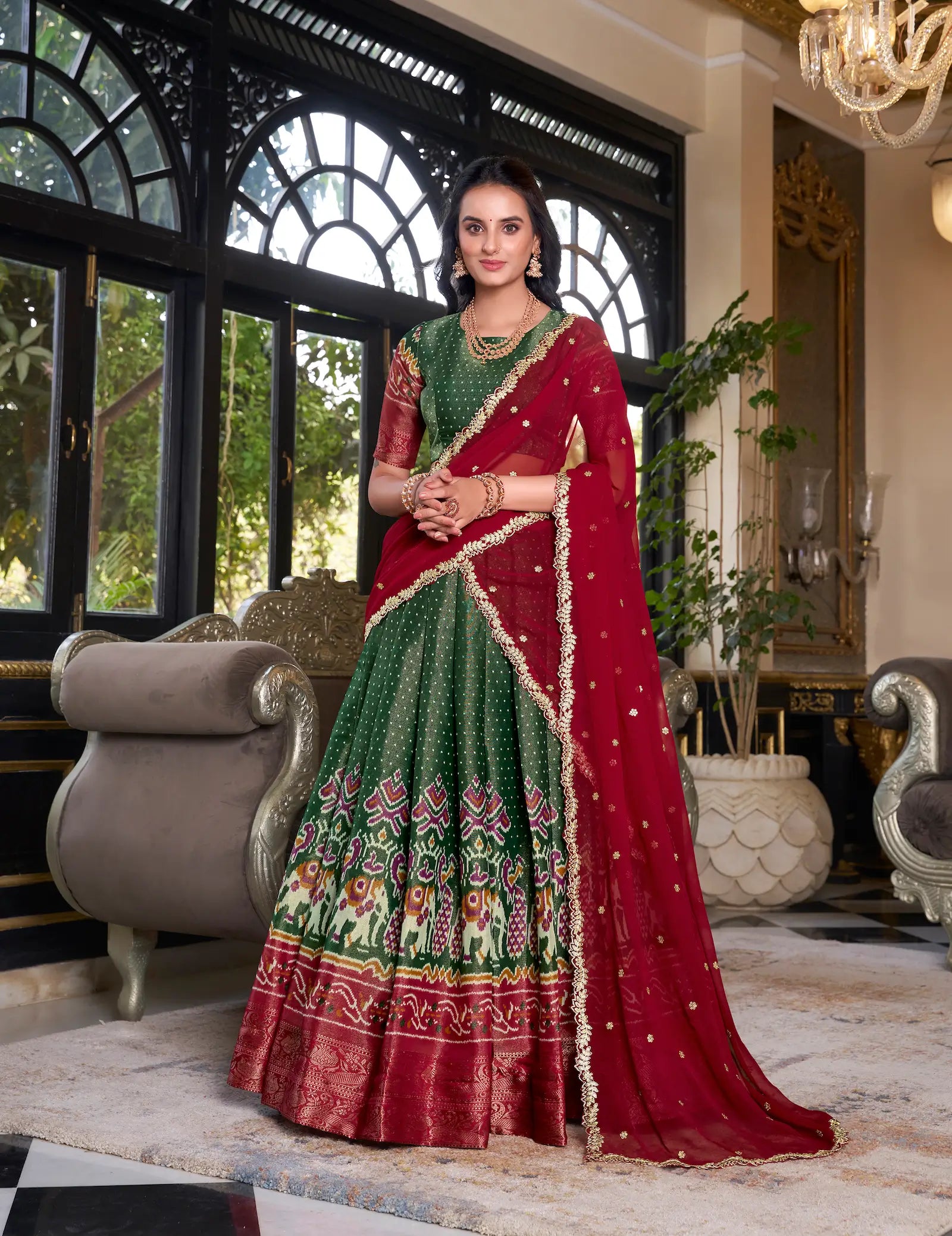 Green Kanchipuram Silk Lehenga Choli With Digital Print & Embroidery Work - qivii