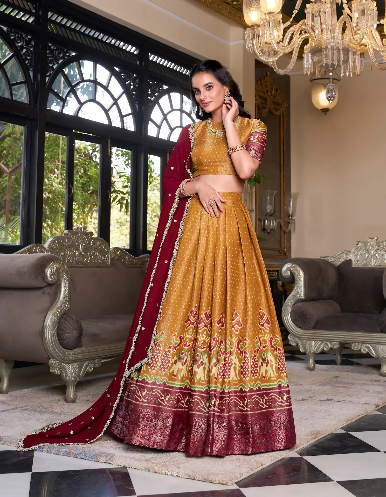Mustard Kanchipuram Silk Lehenga Choli With Digital Print & Embroidery Work - qivii