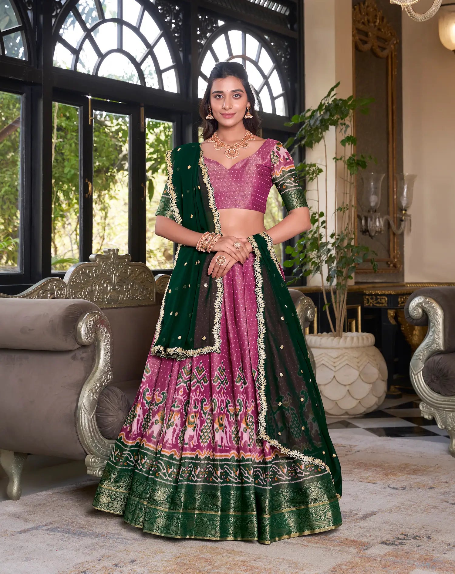 Pink Kanchipuram Silk Lehenga Choli With Digital Print & Embroidery Work - qivii