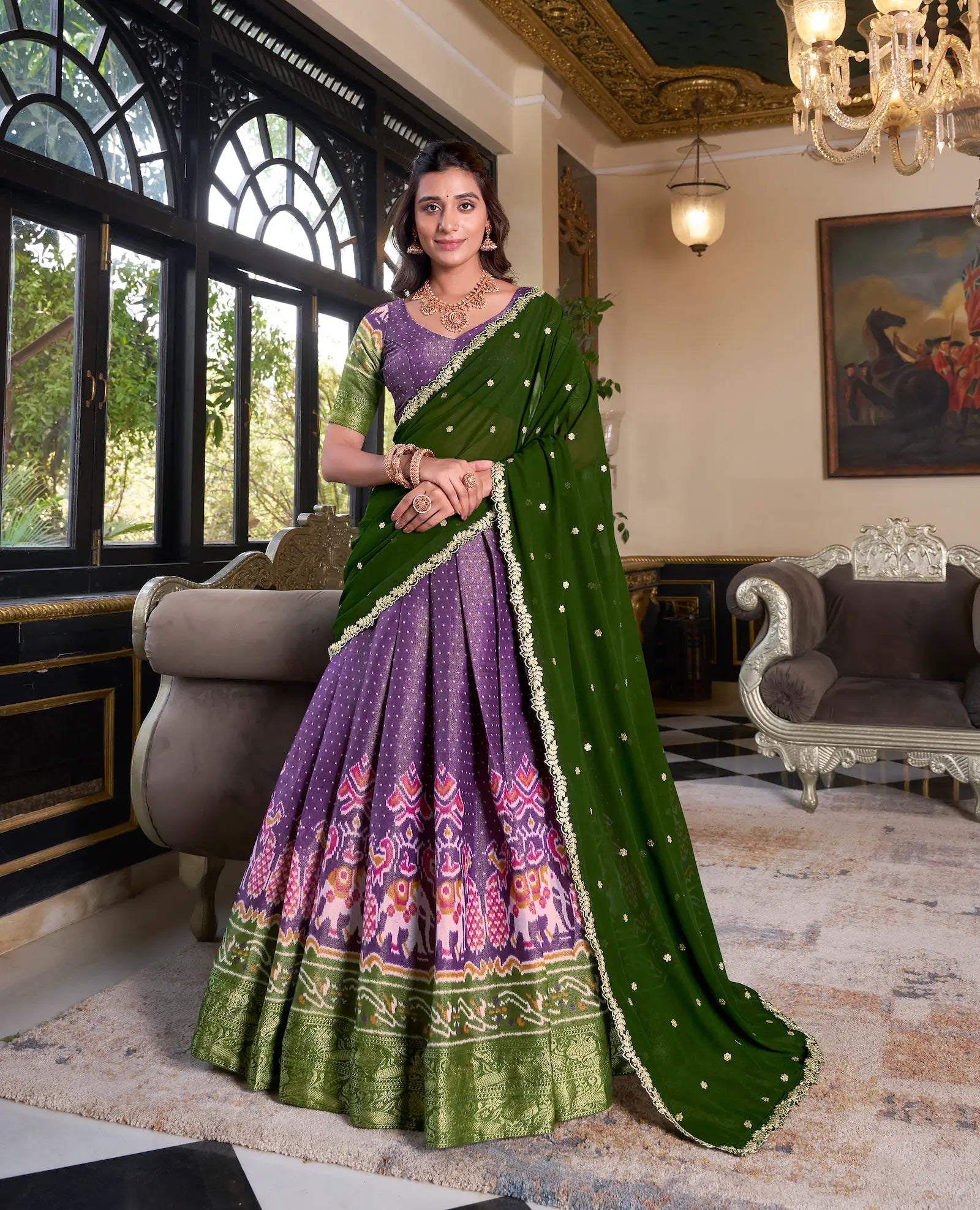 Purple Kanchipuram Silk Lehenga Choli With Digital Print & Embroidery Work - qivii