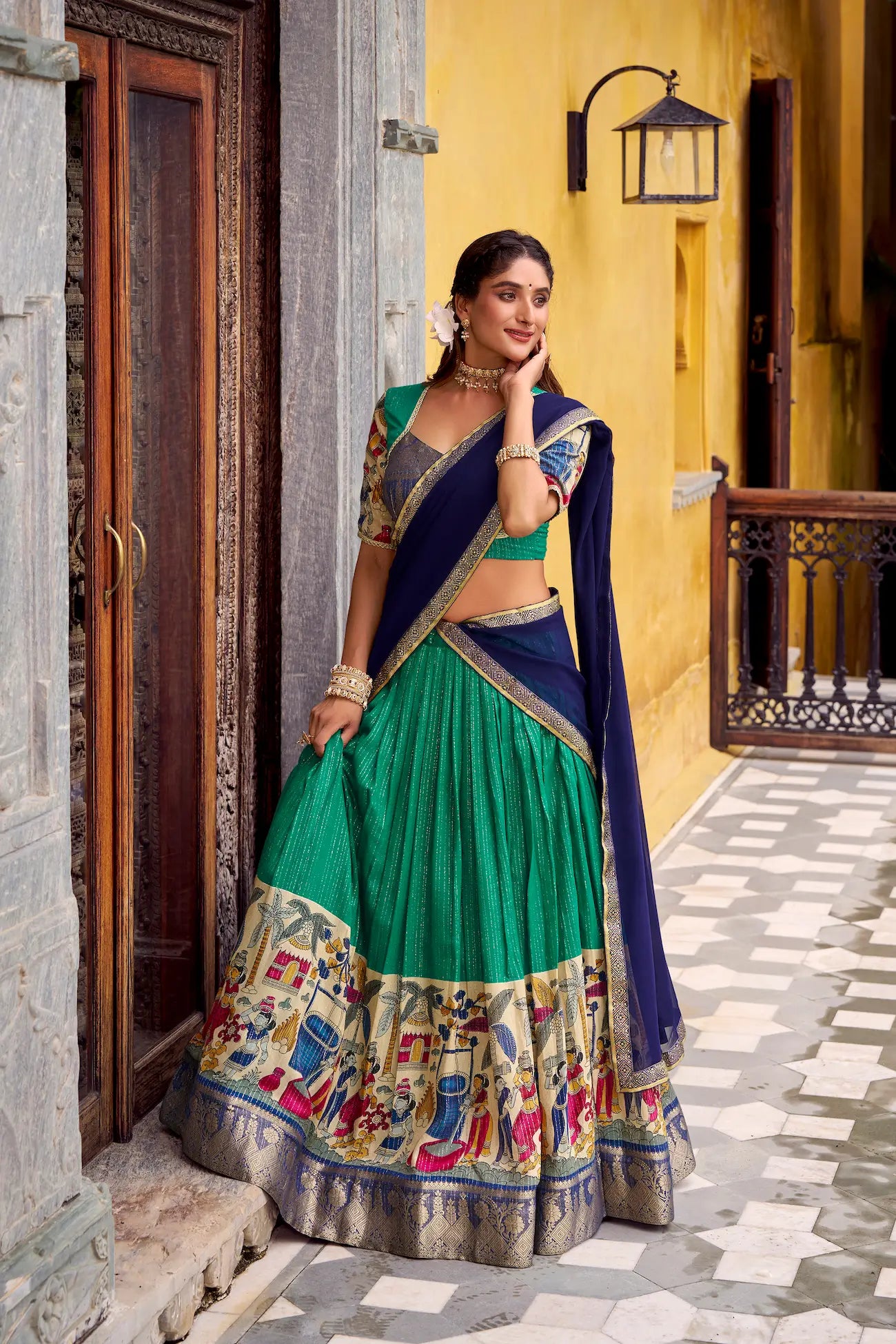 Teal Green Chanderi Lehenga Choli With Kalamkari Print & Zari Weaving Work - qivii