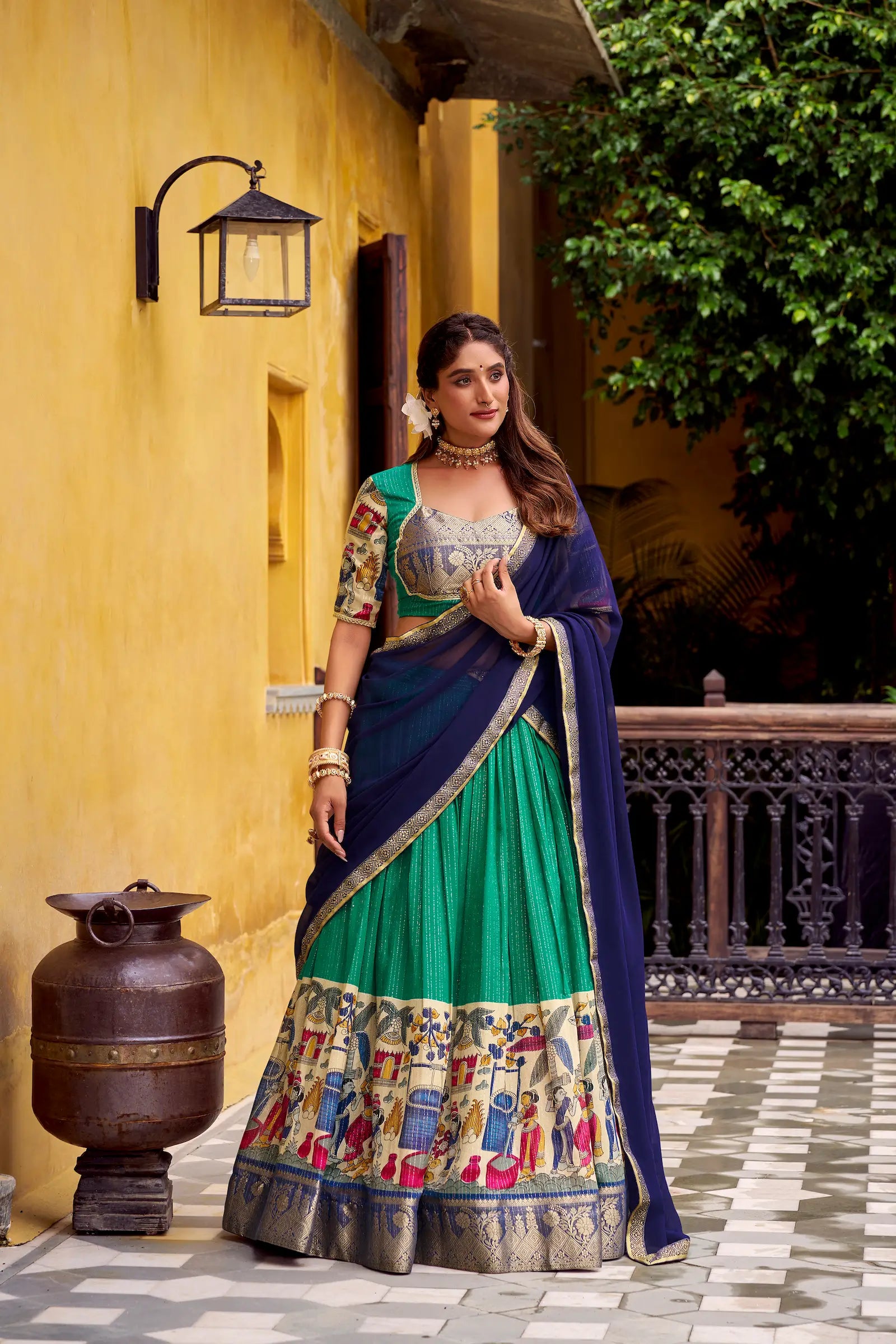 Teal Green Chanderi Lehenga Choli With Kalamkari Print & Zari Weaving Work - qivii