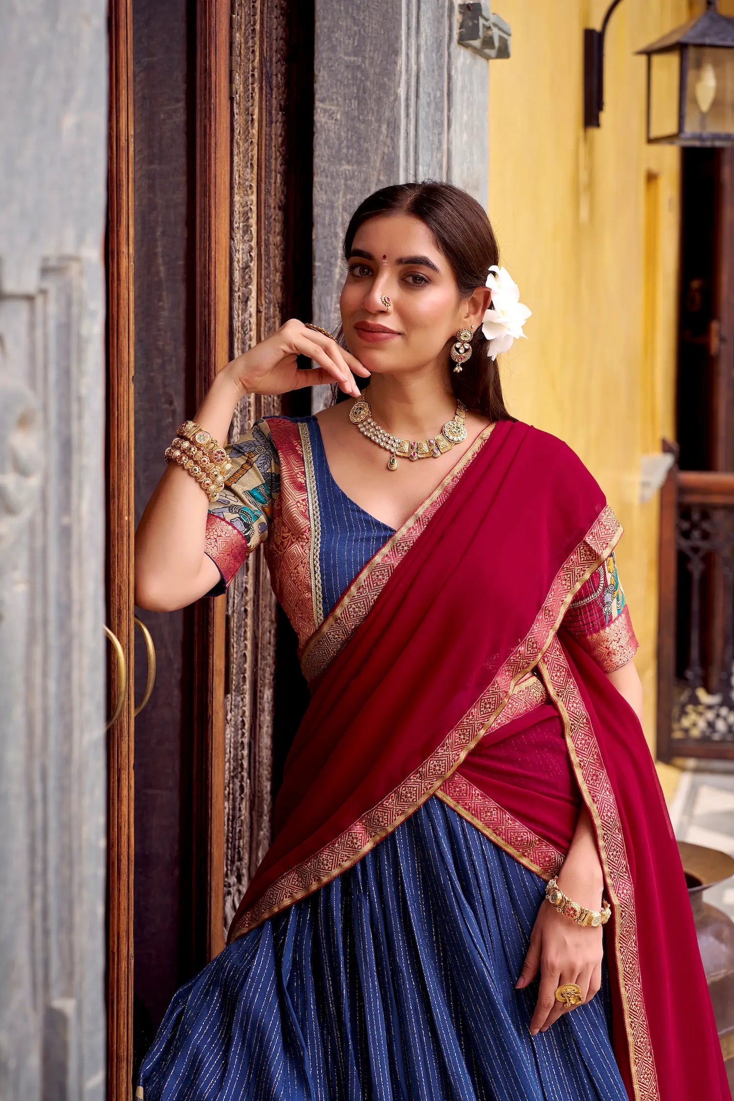 Navy Blue Chanderi Lehenga Choli With Kalamkari Print & Zari Weaving Work - qivii