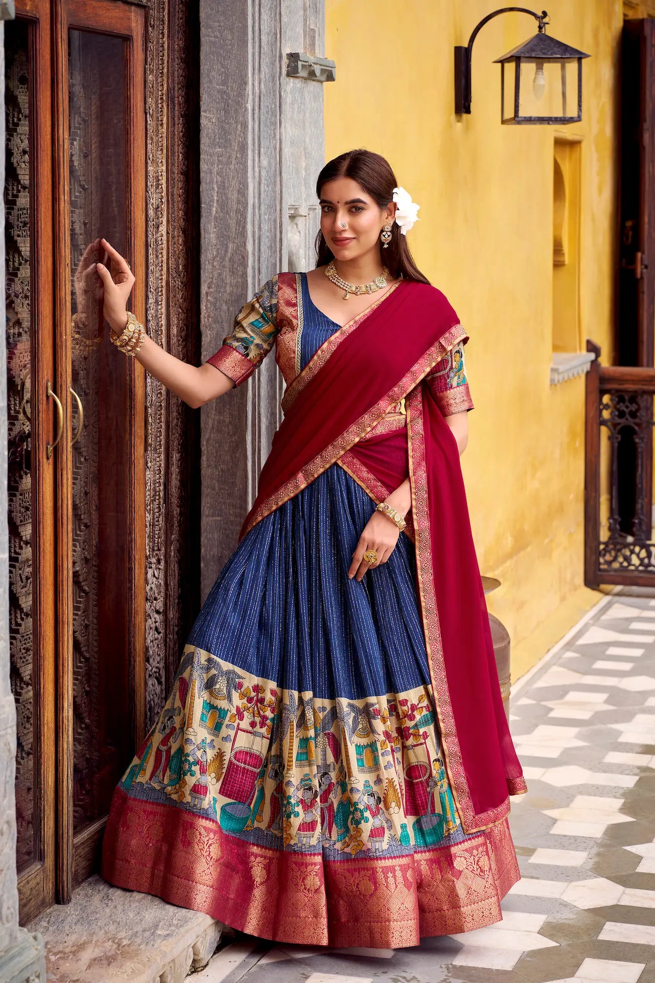 Navy Blue Chanderi Lehenga Choli With Kalamkari Print & Zari Weaving Work - qivii