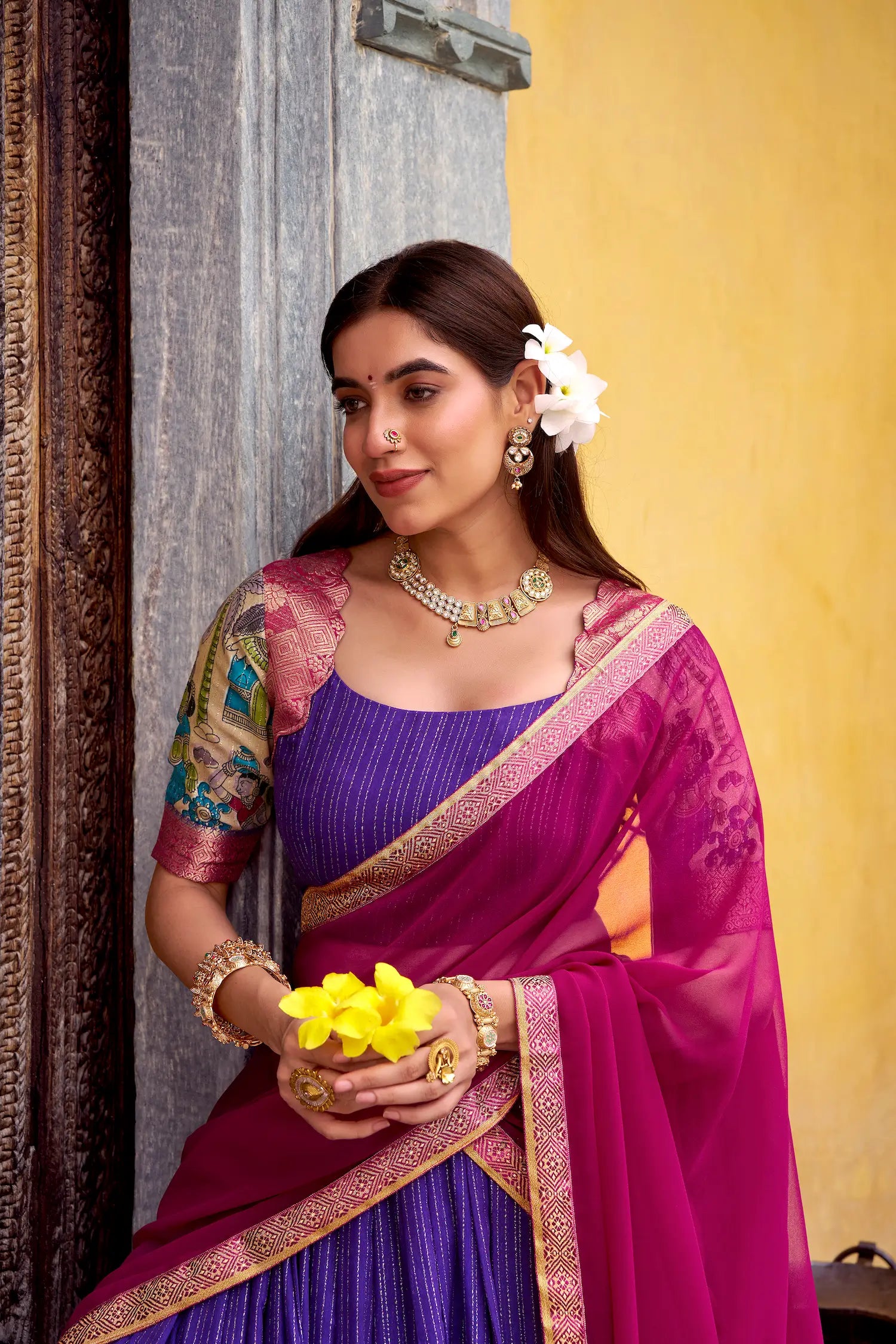 Purple Chanderi Lehenga Choli With Kalamkari Print & Zari Weaving Work - qivii