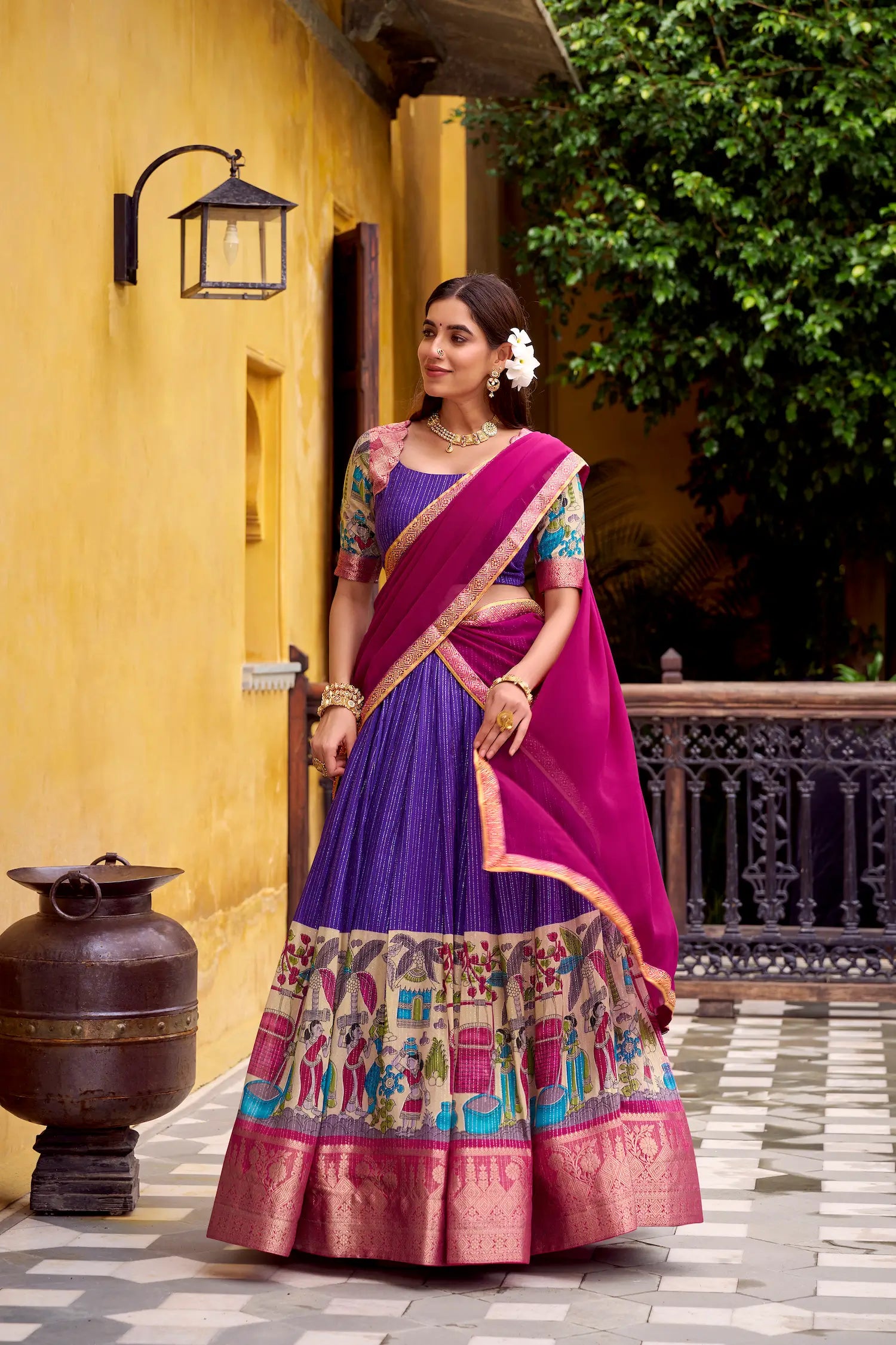 Purple Chanderi Lehenga Choli With Kalamkari Print & Zari Weaving Work - qivii