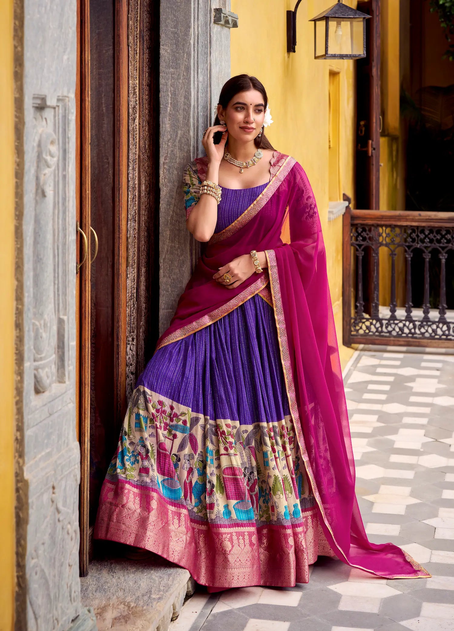 Purple Chanderi Lehenga Choli With Kalamkari Print & Zari Weaving Work - qivii