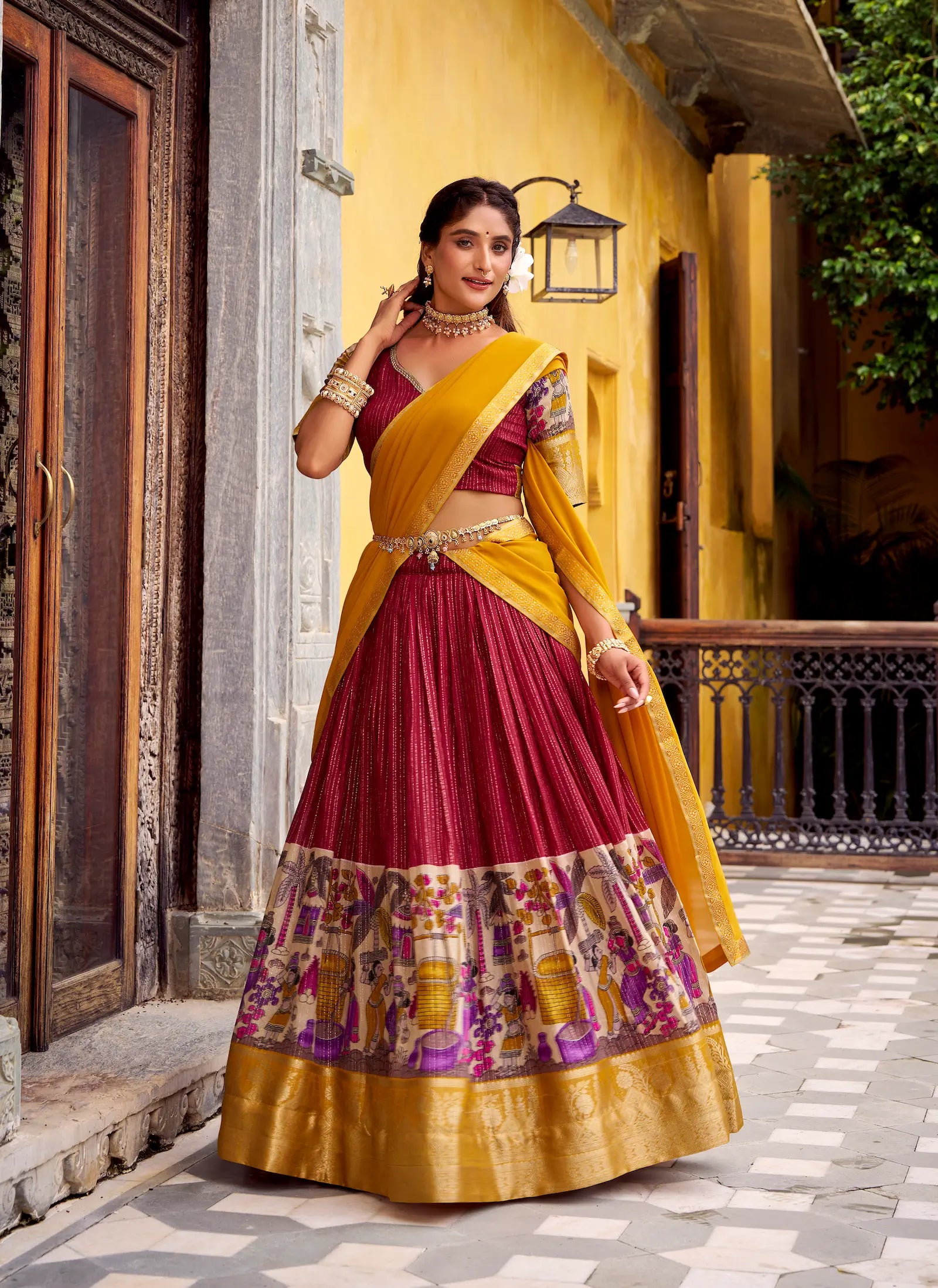Red Chanderi Lehenga Choli With Kalamkari Print & Zari Weaving Work - qivii