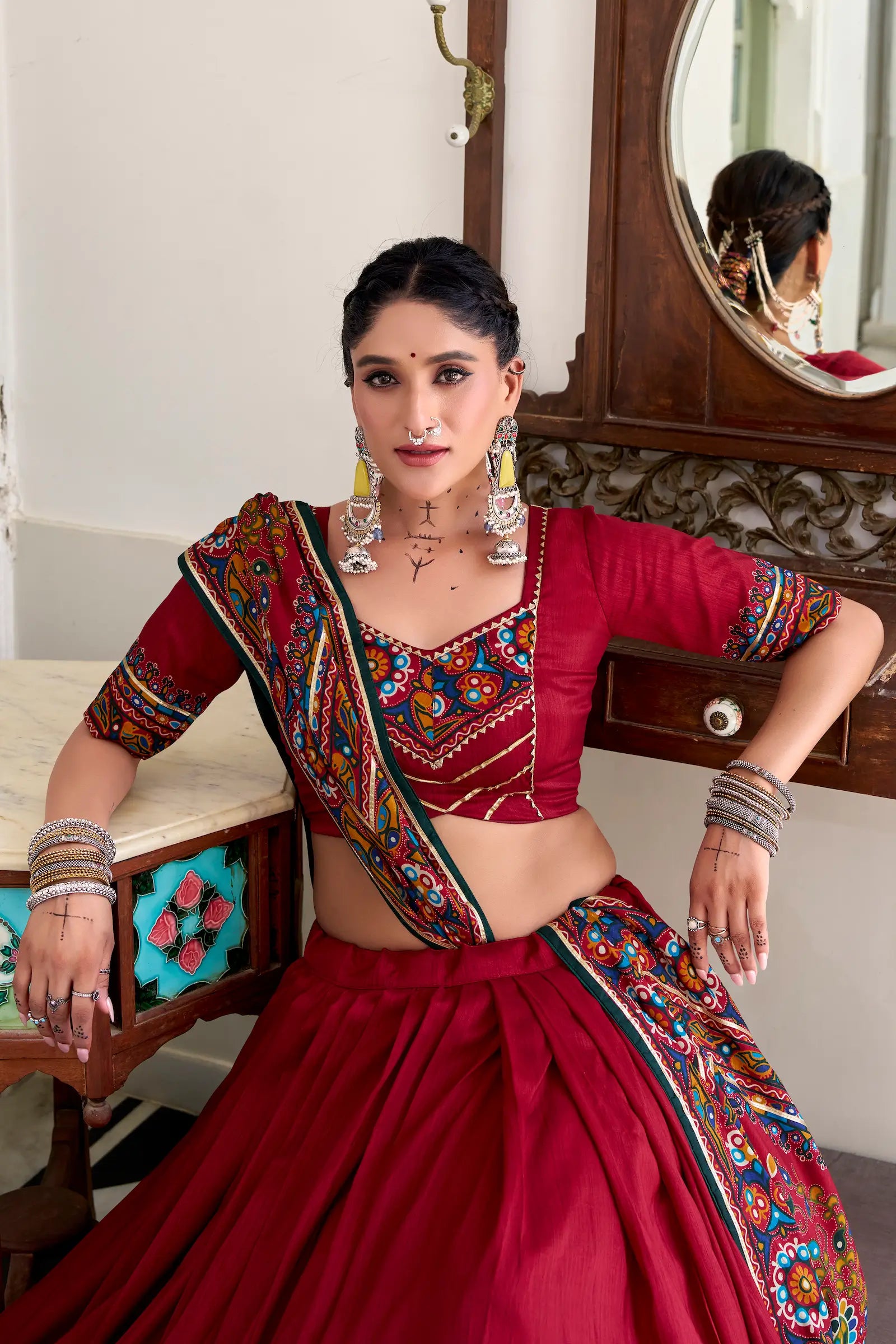 Red Tasar Silk Navratri Lehenga Choli With Gamthi Print & Lace Touch Up