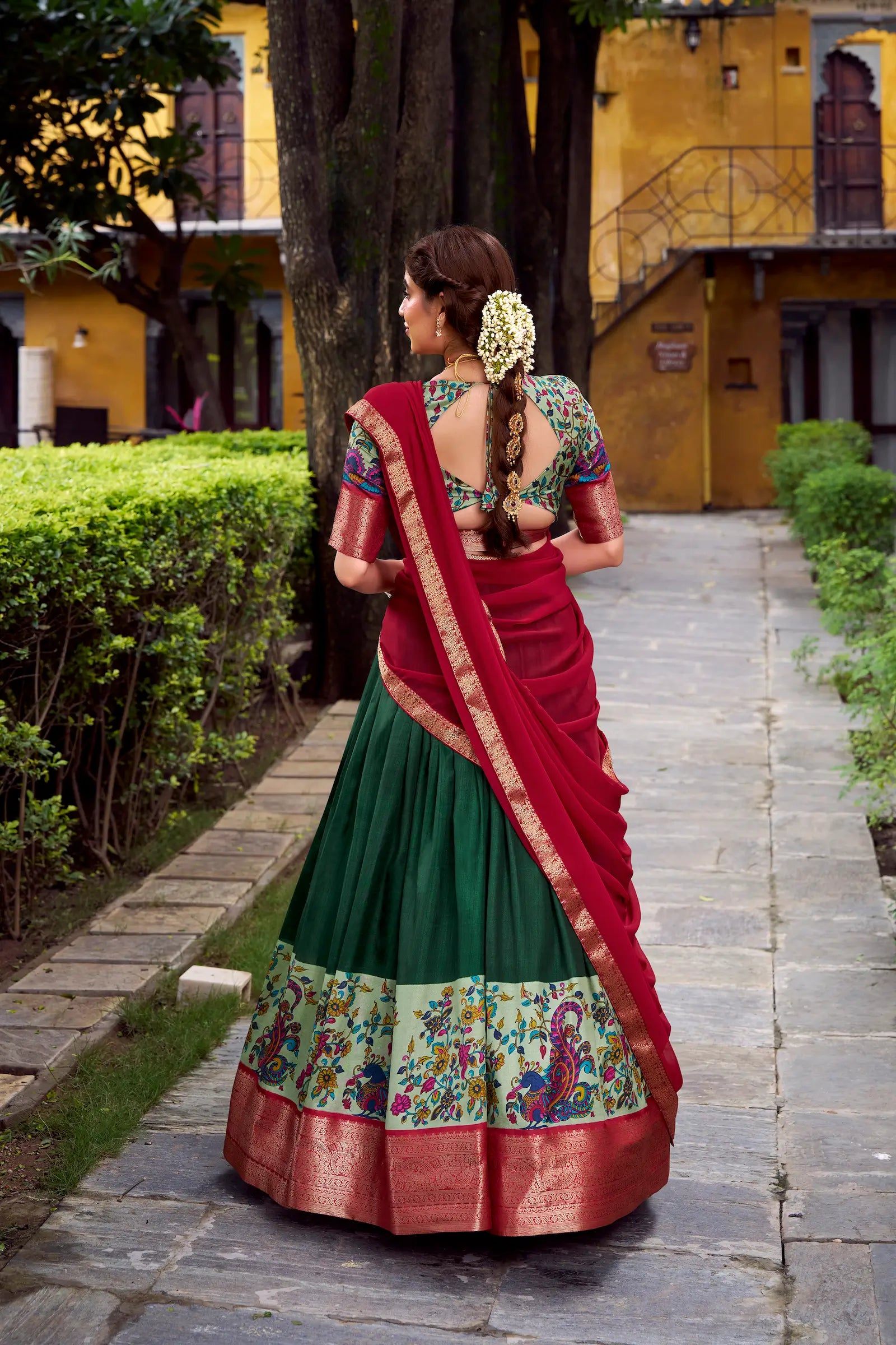 Dark Green Printed & Zari Weaving Silk Lehenga Choli - qivii
