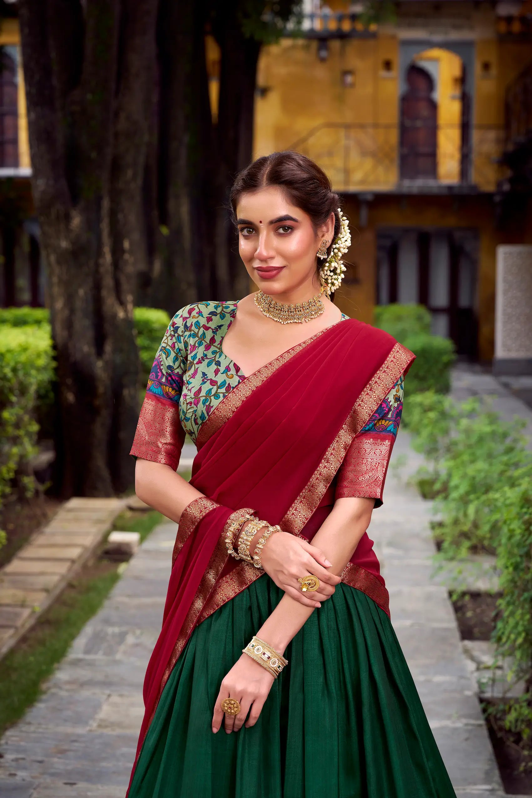 Dark Green Printed & Zari Weaving Silk Lehenga Choli - qivii