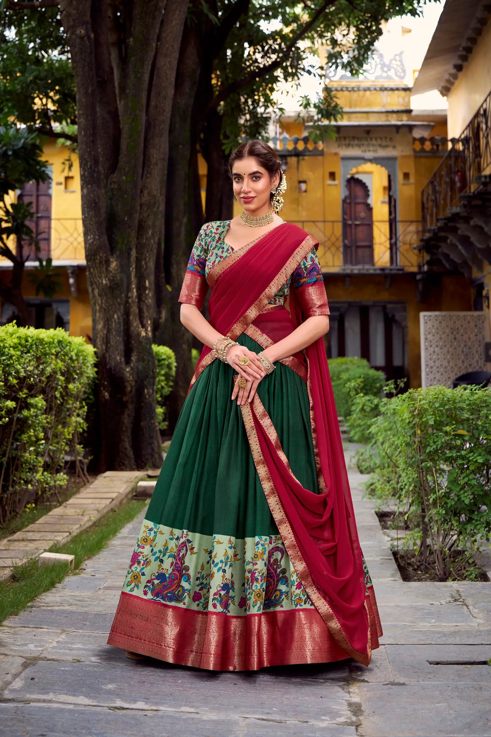 Dark Green Printed & Zari Weaving Silk Lehenga Choli - qivii