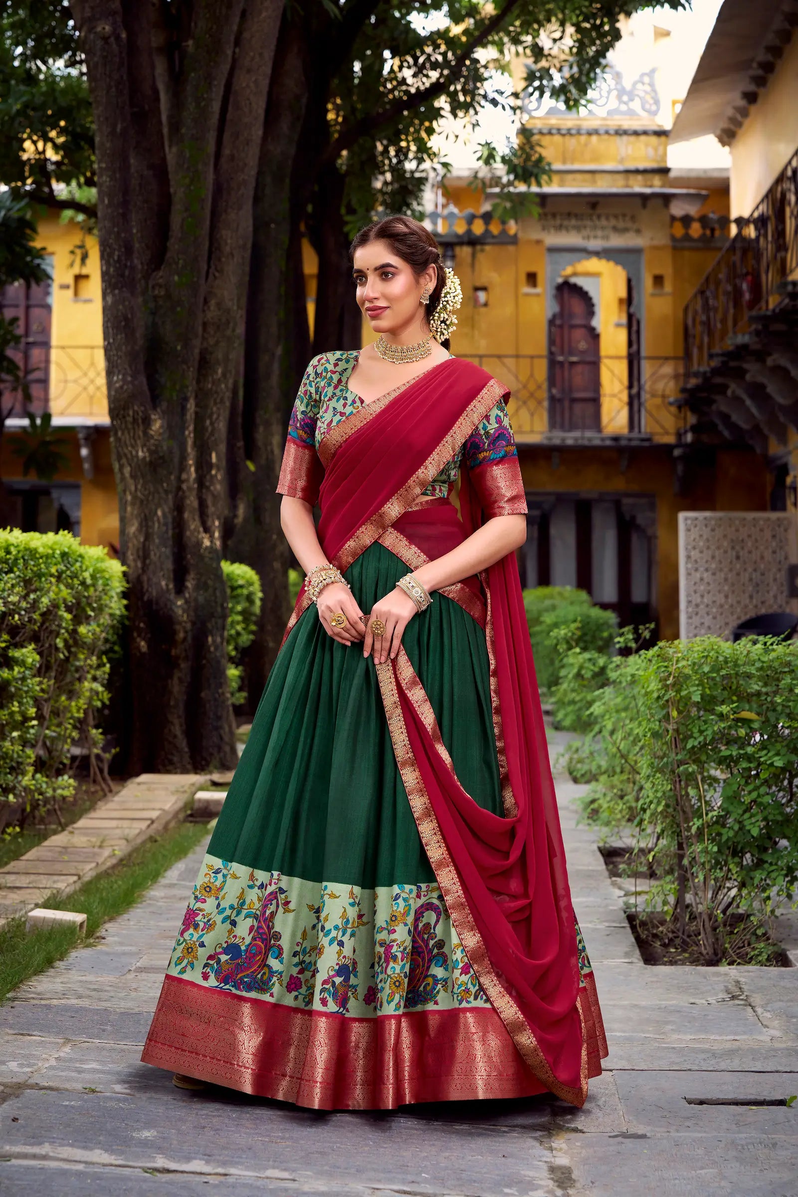 Dark Green Printed & Zari Weaving Silk Lehenga Choli - qivii