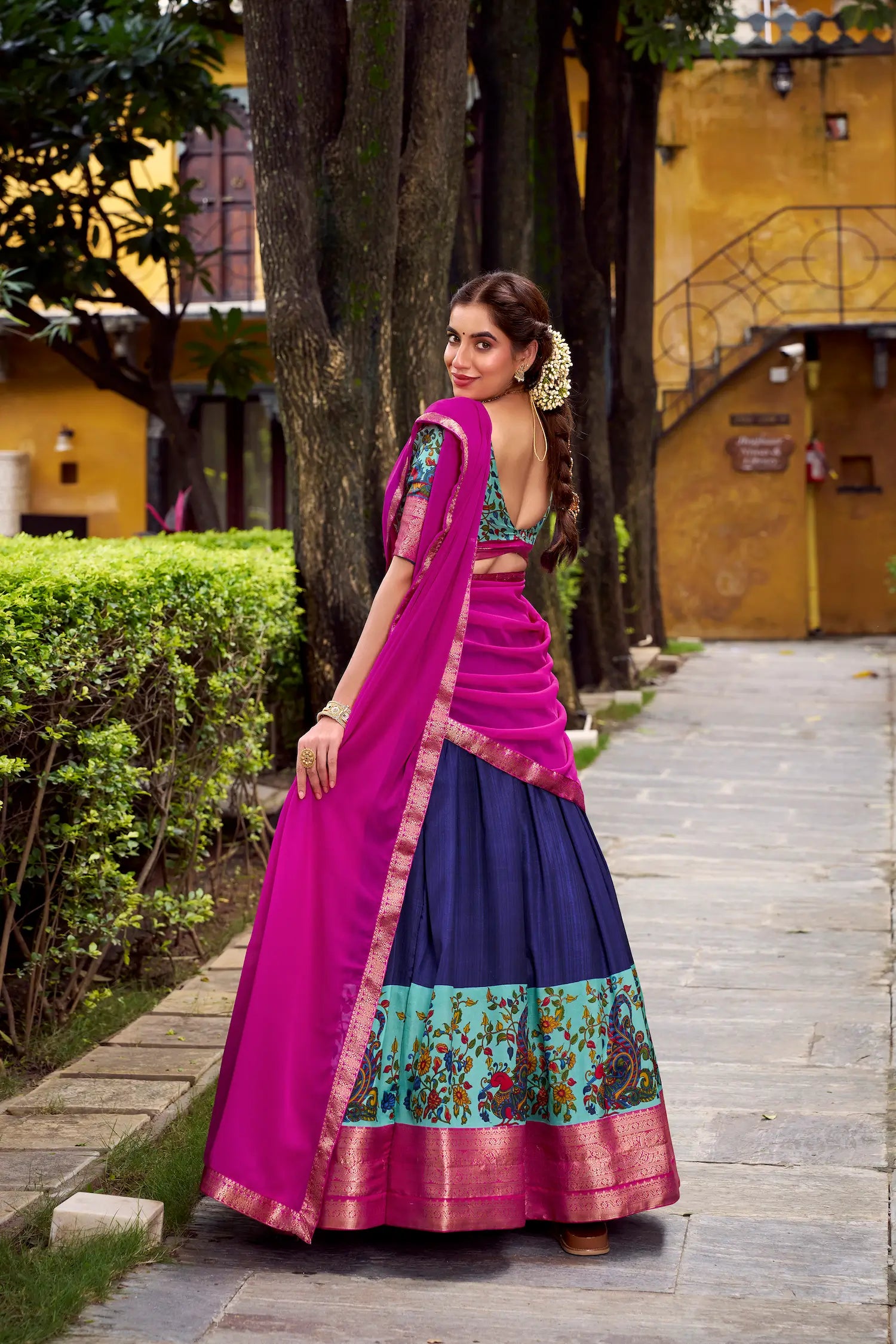 Navy Blue Printed & Zari Weaving Silk Lehenga Choli - qivii