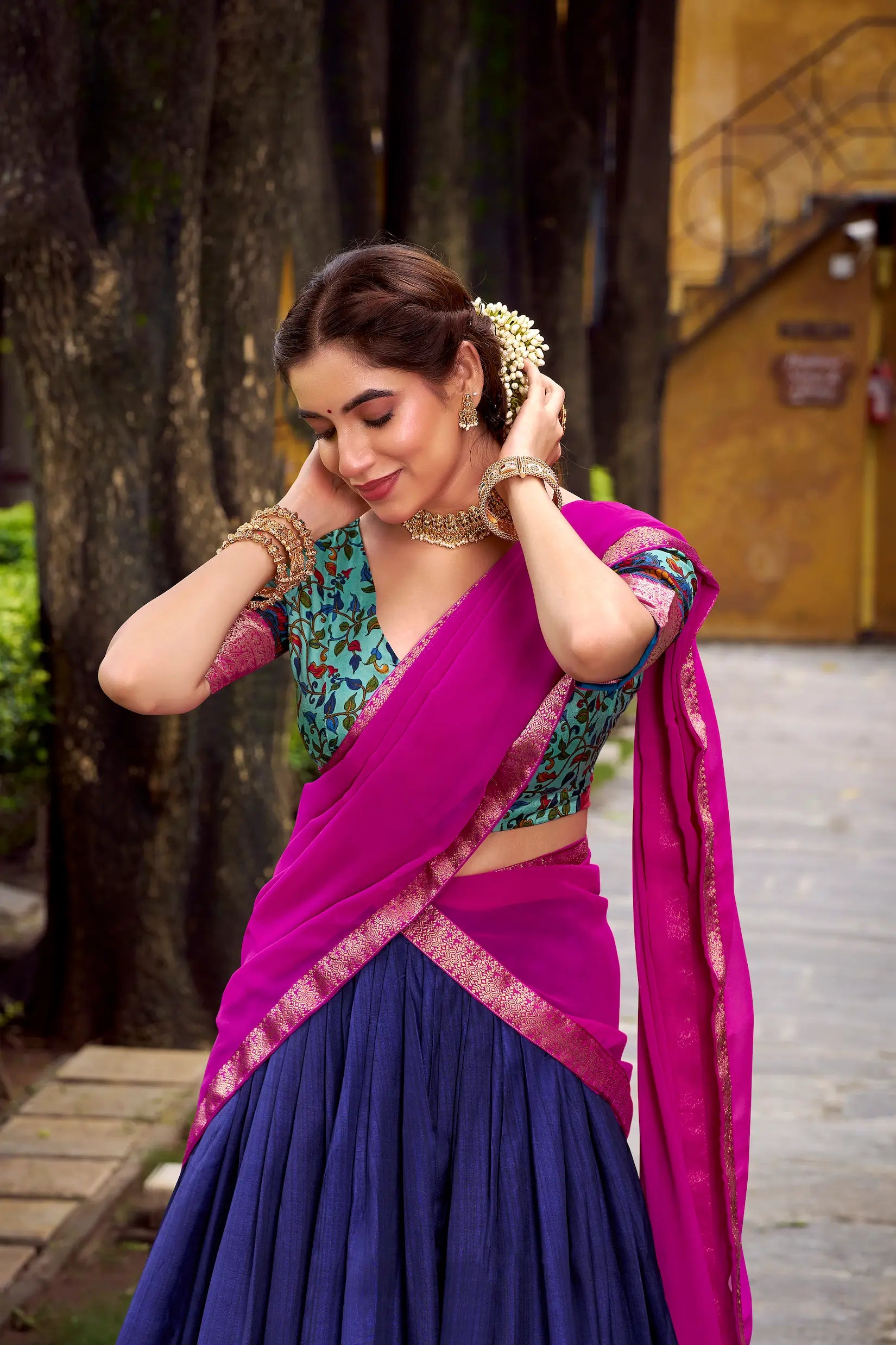 Navy Blue Printed & Zari Weaving Silk Lehenga Choli - qivii