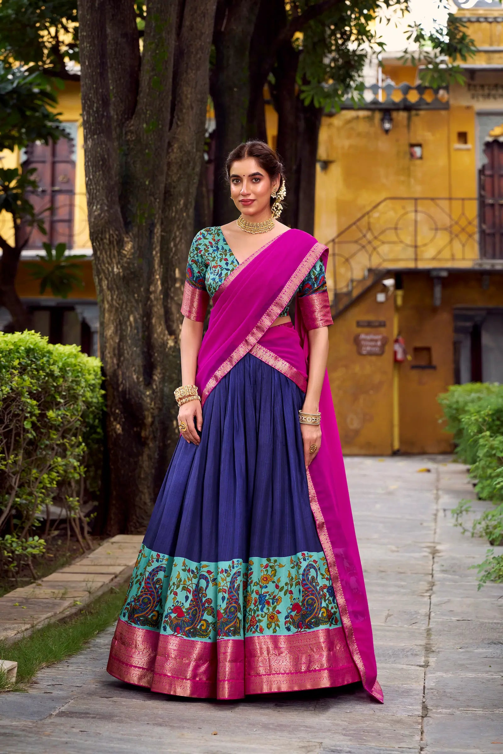 Navy Blue Printed & Zari Weaving Silk Lehenga Choli - qivii