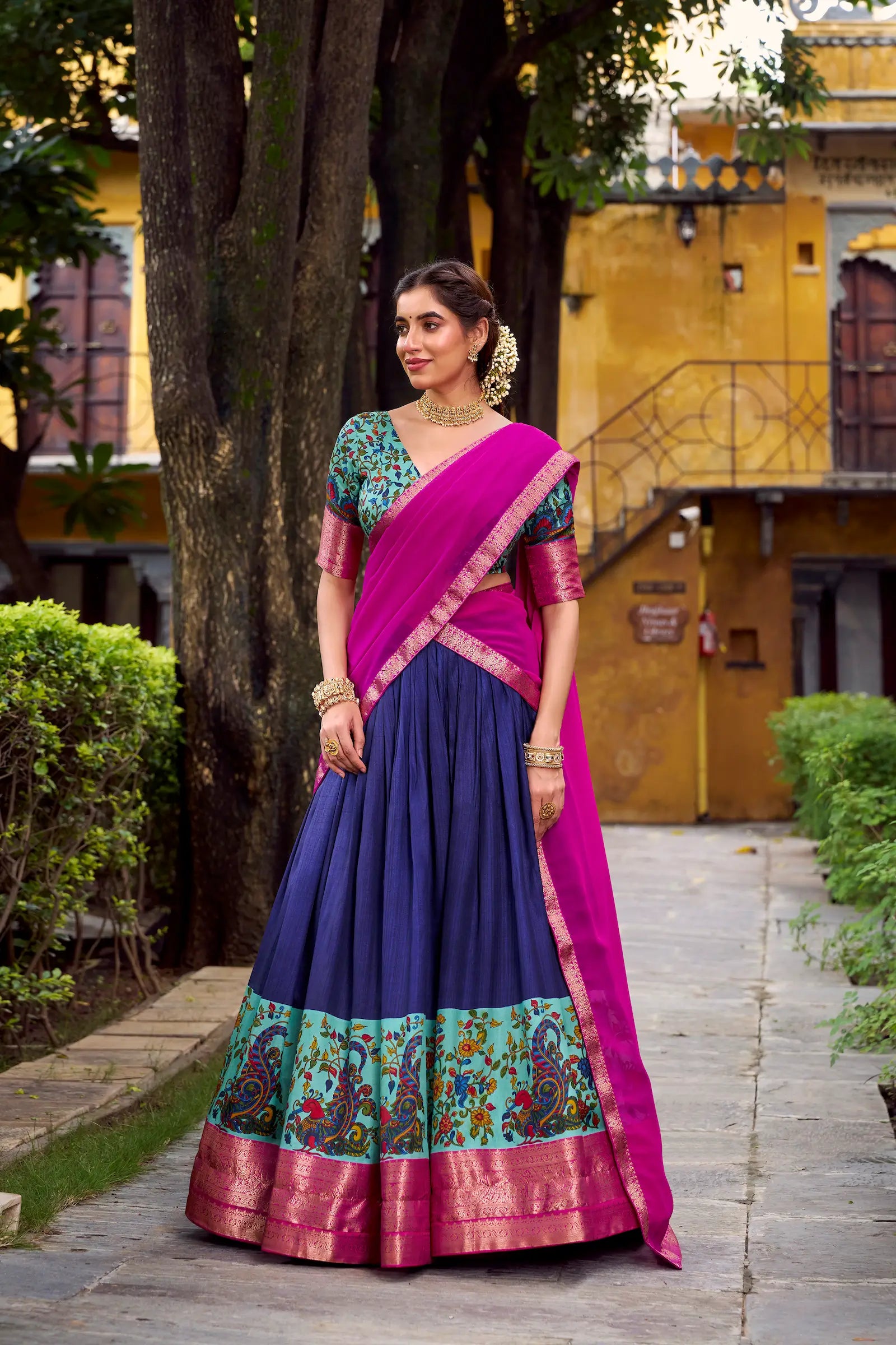 Navy Blue Printed & Zari Weaving Silk Lehenga Choli - qivii