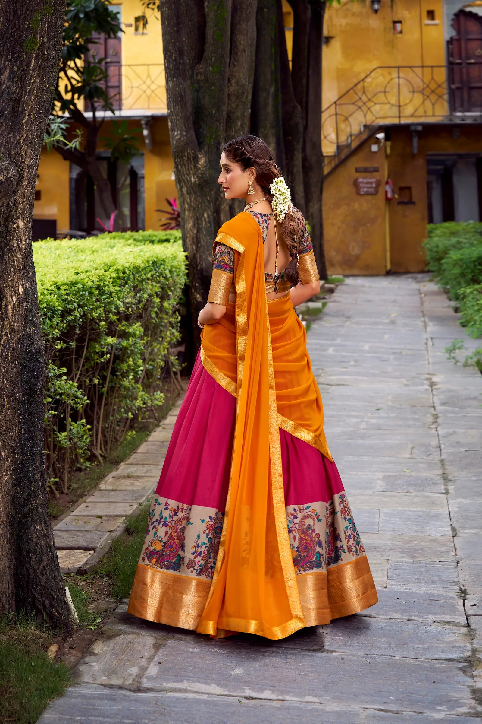 Hot Pink Printed & Zari Weaving Silk Lehenga Choli - qivii