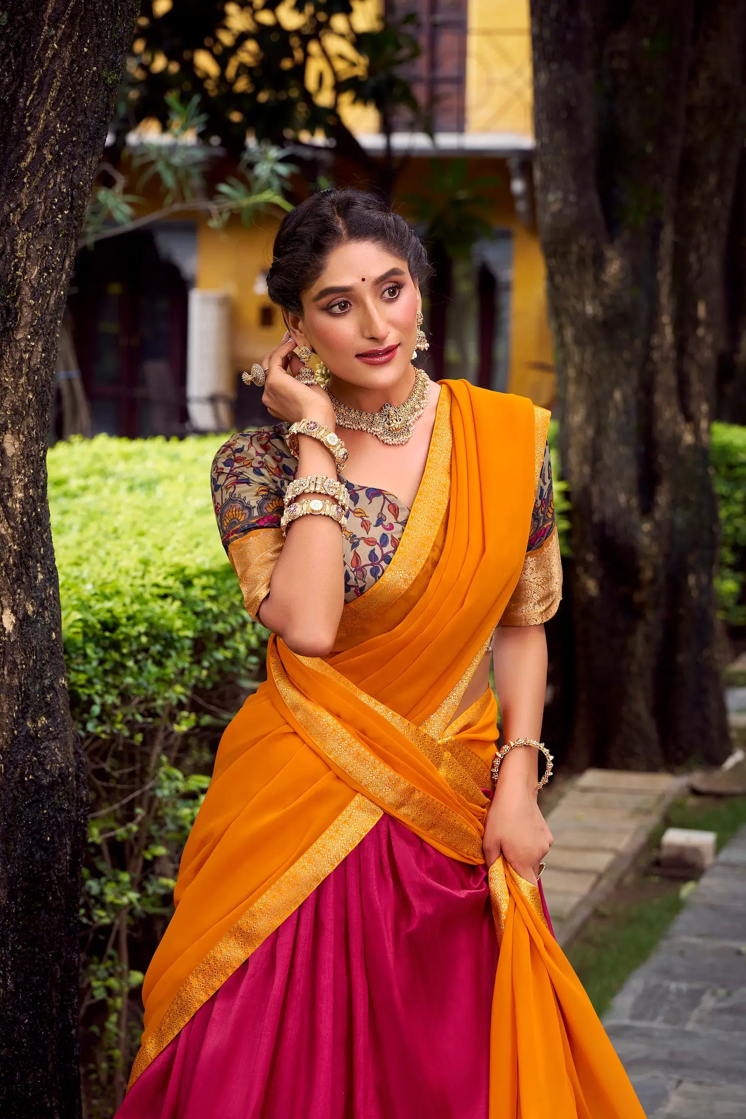 Hot Pink Printed & Zari Weaving Silk Lehenga Choli - qivii