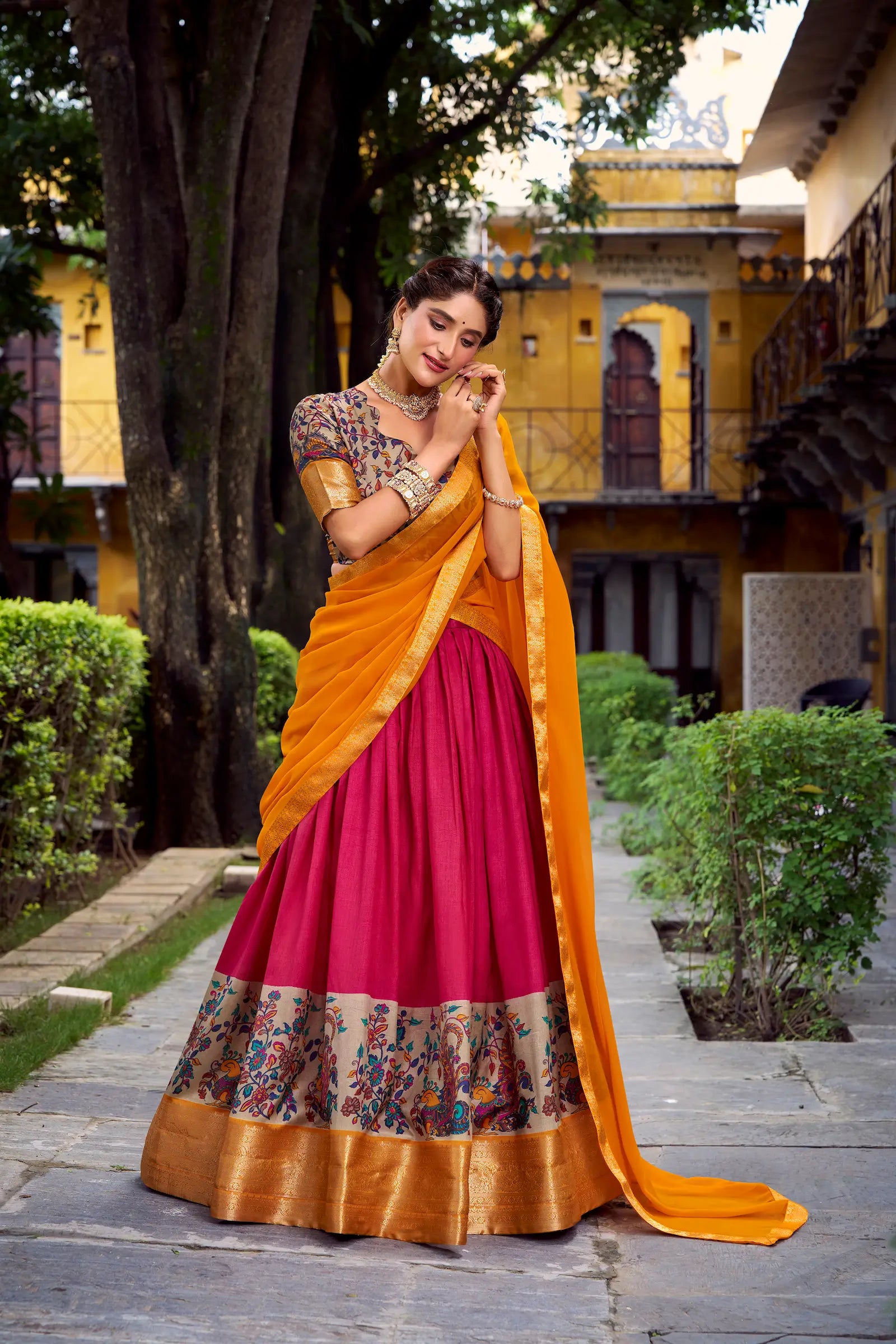 Hot Pink Printed & Zari Weaving Silk Lehenga Choli - qivii
