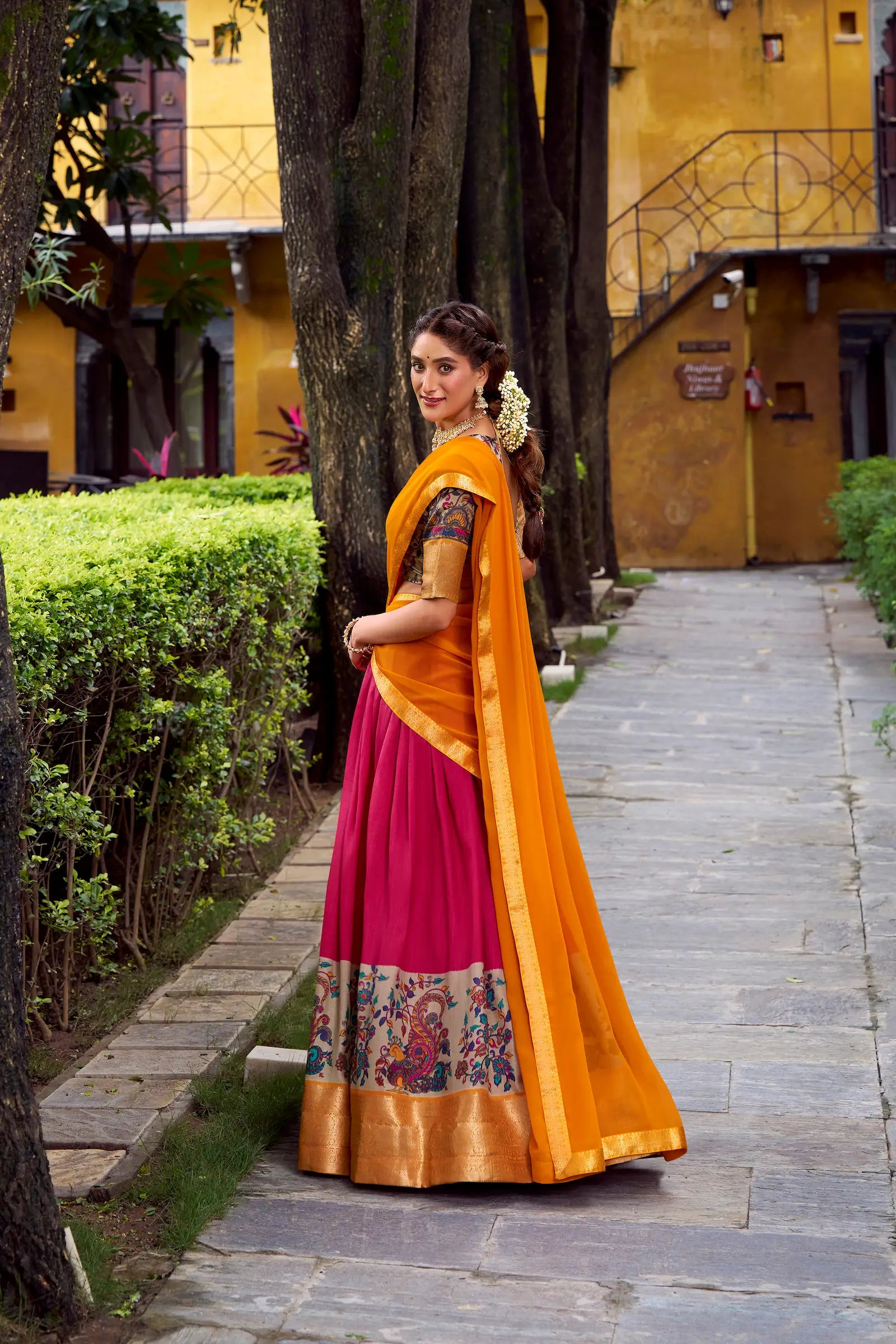 Hot Pink Printed & Zari Weaving Silk Lehenga Choli - qivii