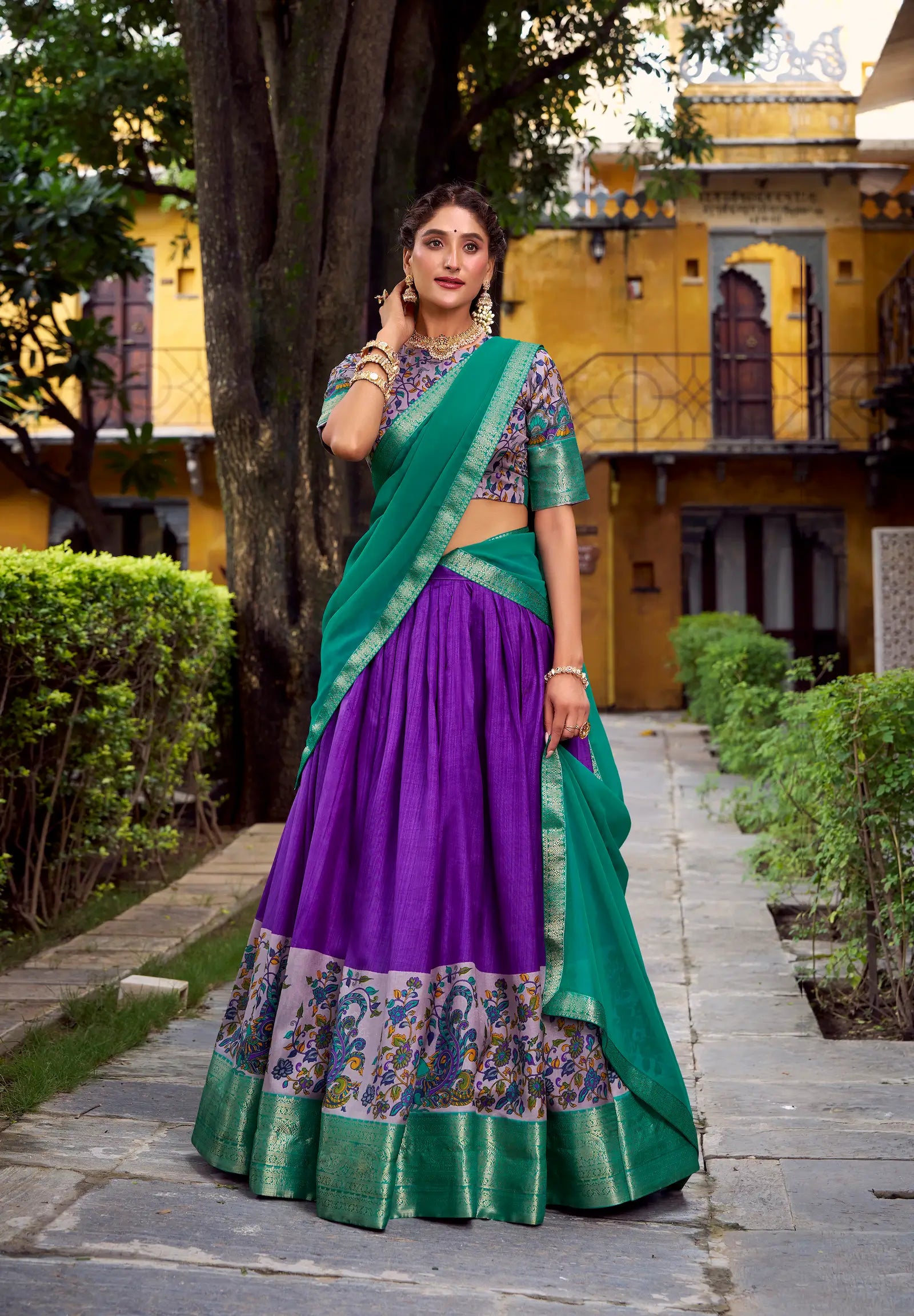 Indigo Purple Printed & Zari Weaving Silk Lehenga Choli - qivii