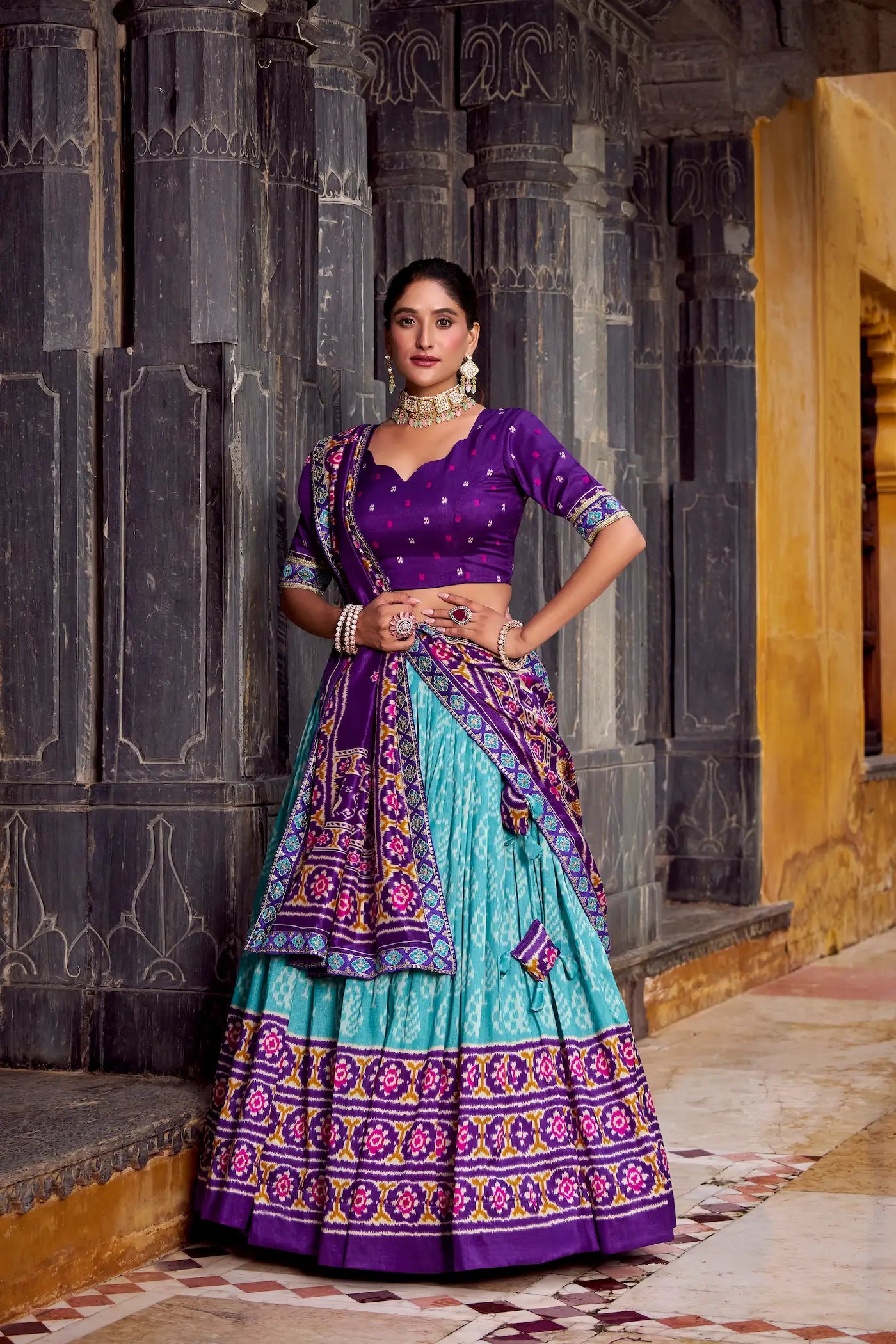 Sea Blue Tussar Silk Ikkat Printed Lehenga Choli - qivii