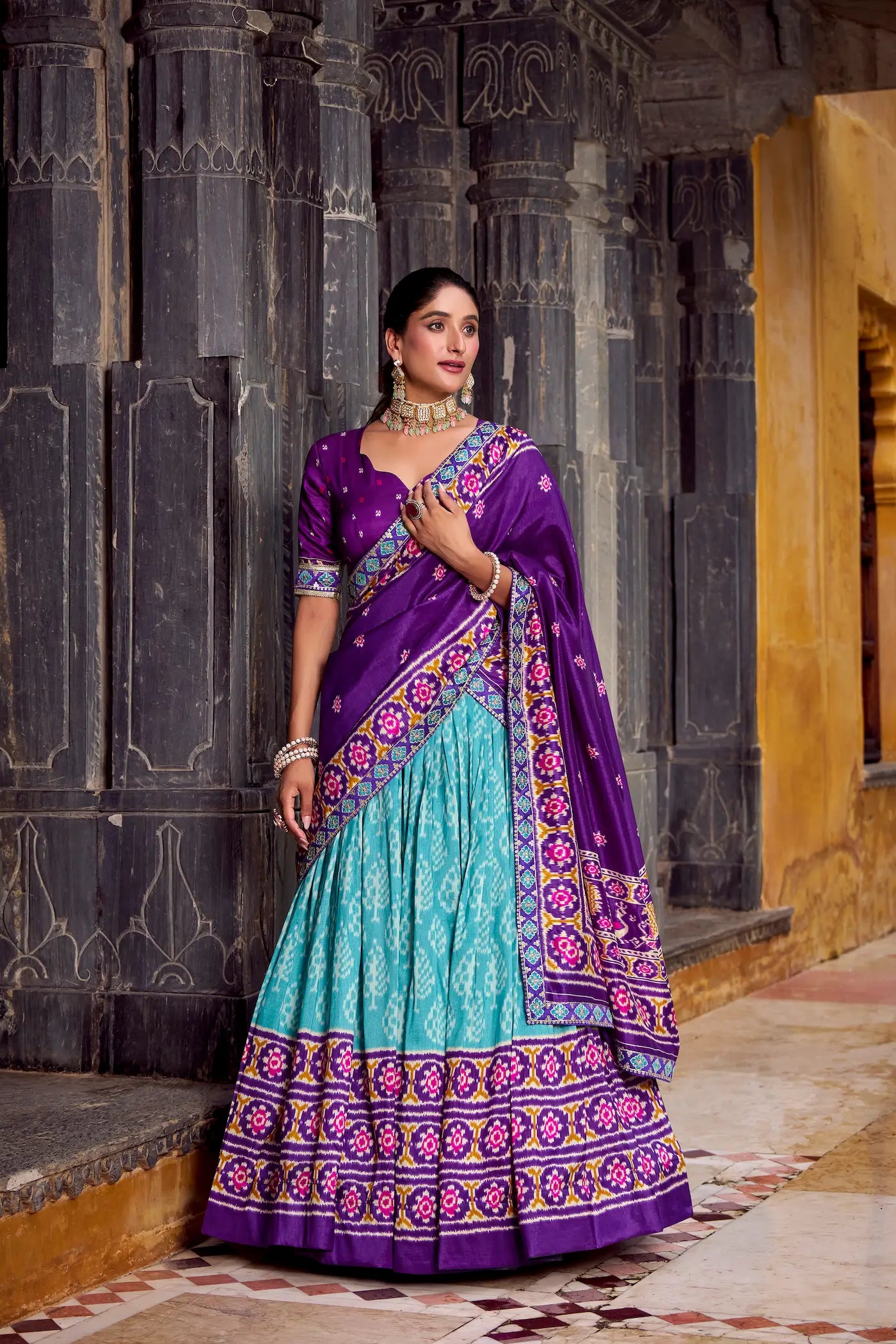 Sea Blue Tussar Silk Ikkat Printed Lehenga Choli - qivii