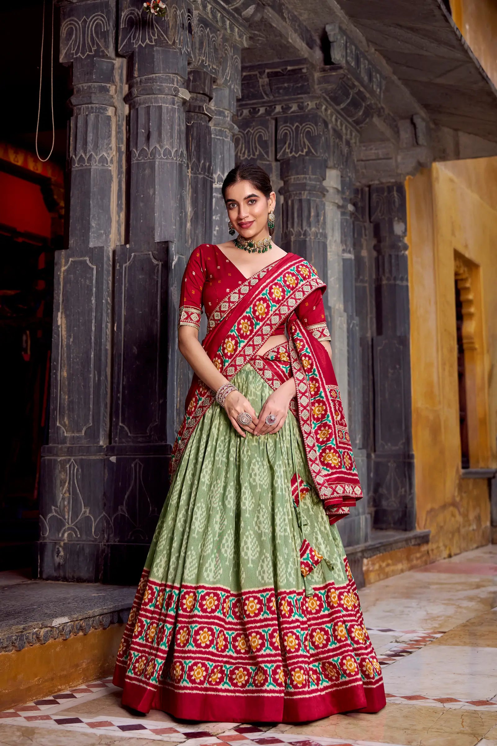 Sea Green Tussar Silk Ikkat Printed Lehenga Choli - qivii