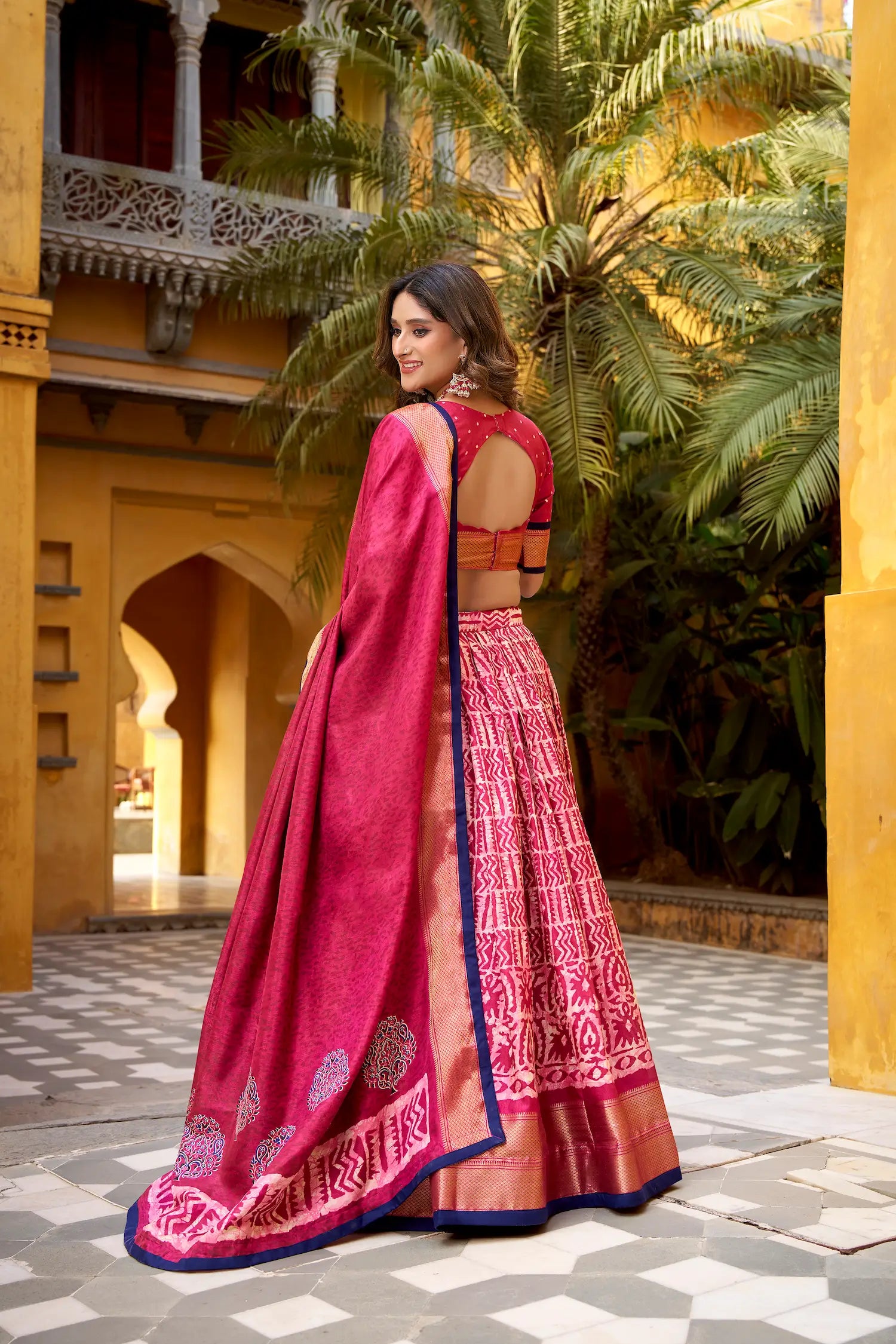 Burnt Pink Dola Silk Printed Lehenga Choli