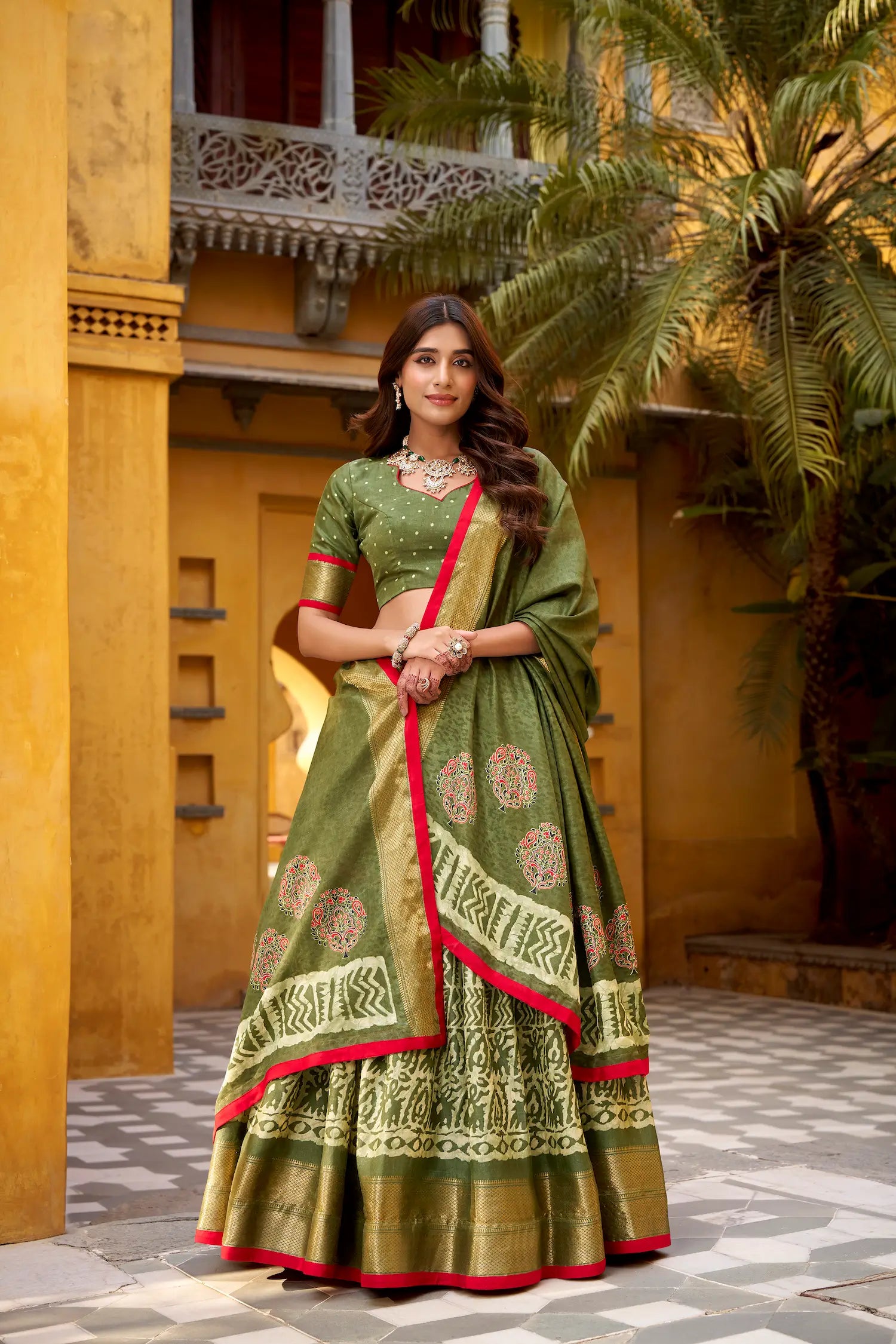 Olive Green Dola Silk Printed Lehenga Choli
