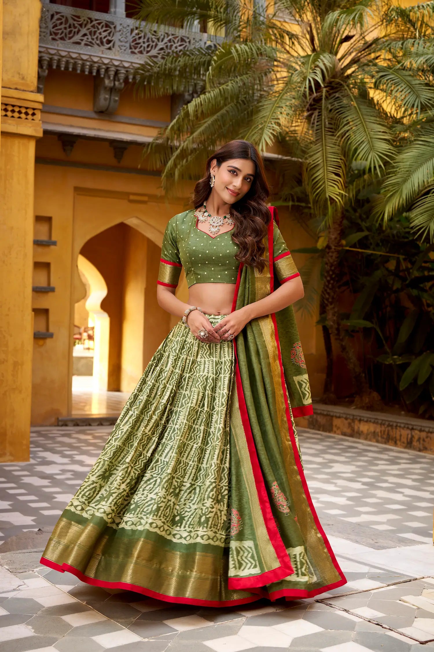 Olive Green Dola Silk Printed Lehenga Choli
