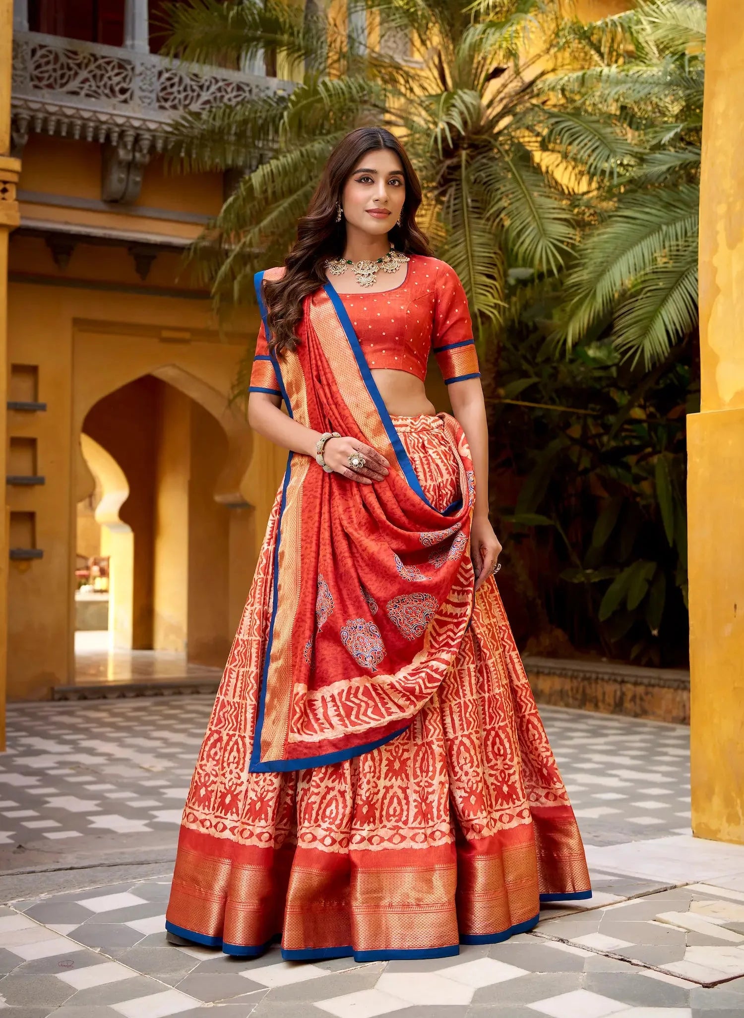 Rust Orange Dola Silk Printed Lehenga Choli