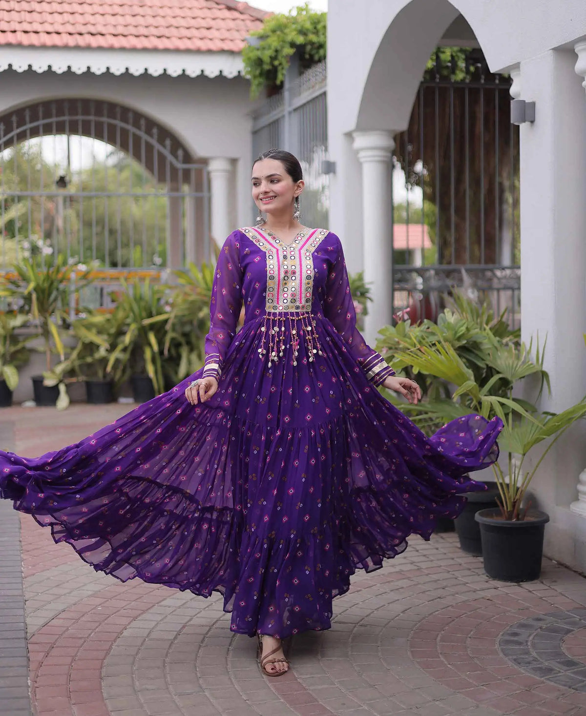 Purple Georgette Kutchi Work Navratri Gown