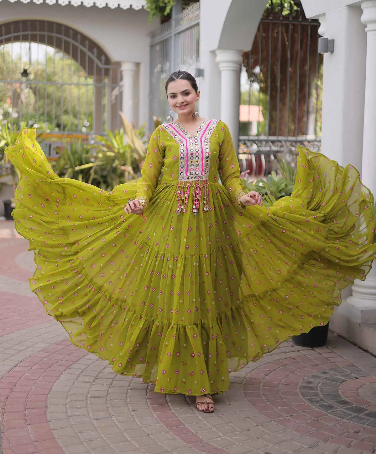 Parrot Georgette Kutchi Work Navratri Gown