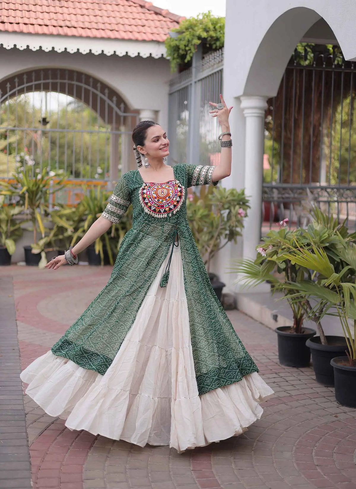Green Bandhani Print Kurti Lehenga For Navratri