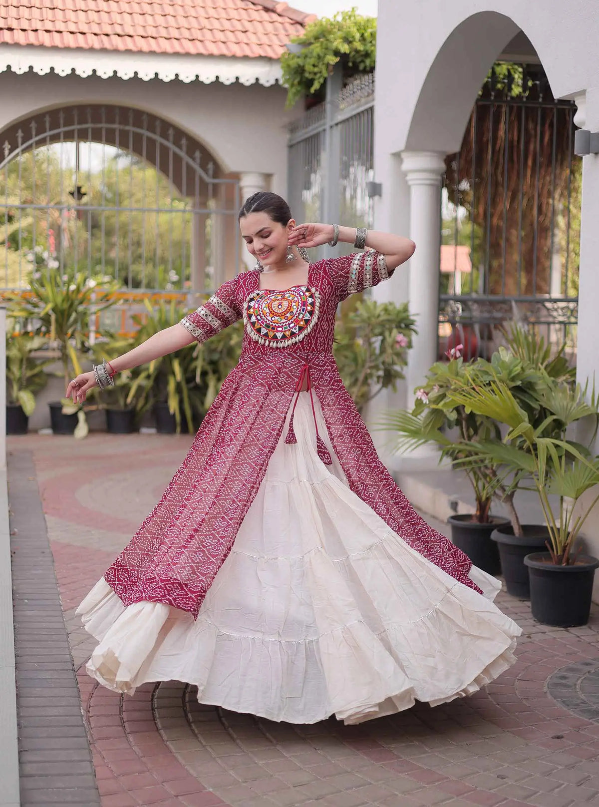 Maroon Bandhani Print Kurti Lehenga For Navratri