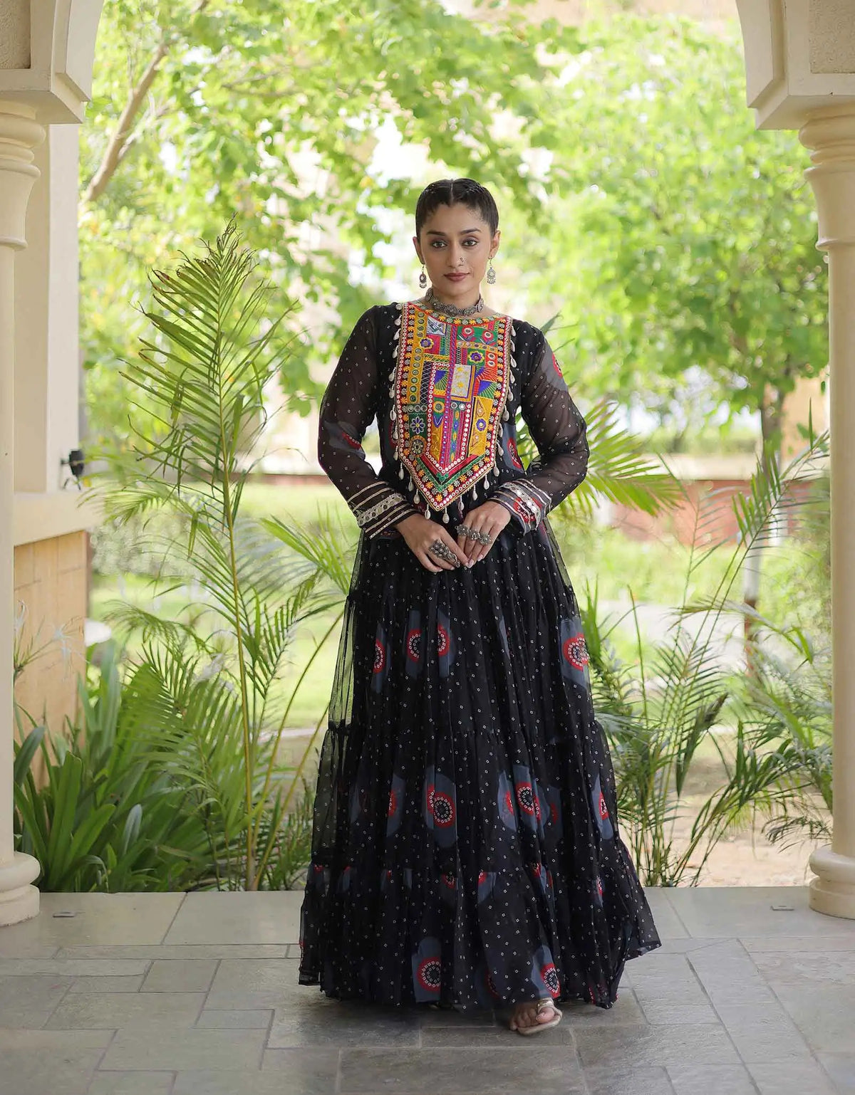 Black Bandhani Print Kutchi Work Gown