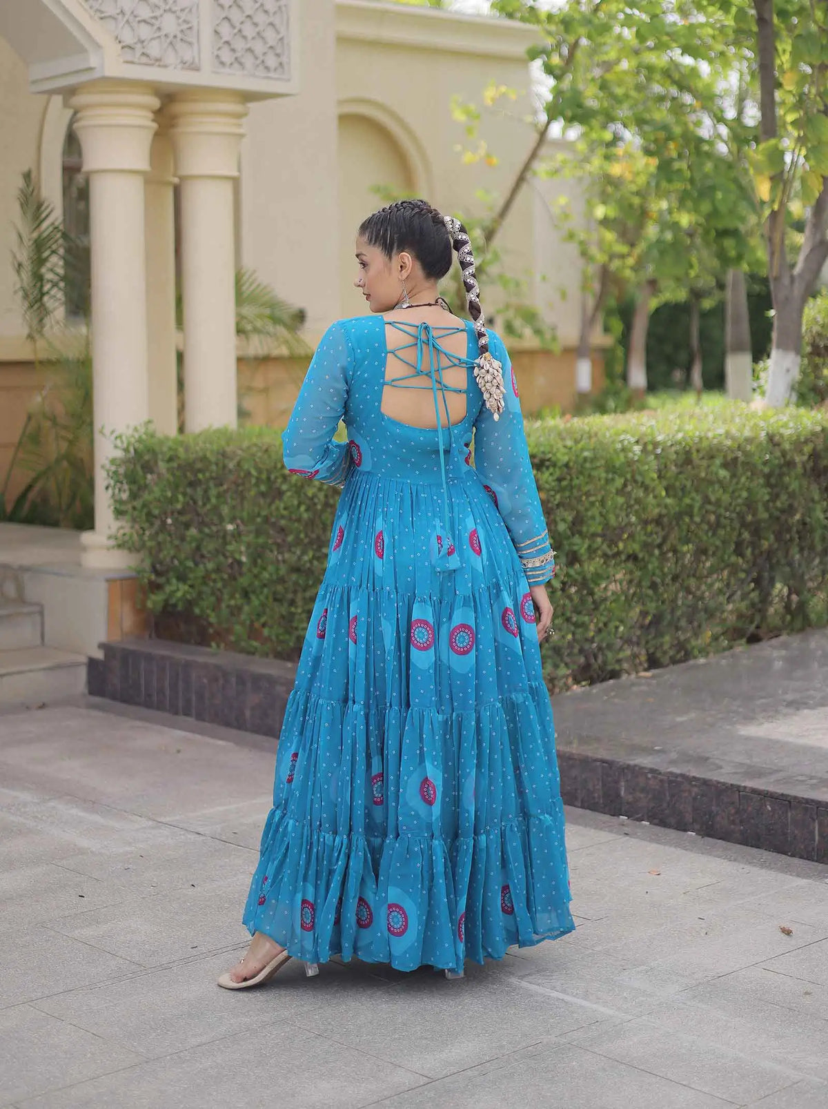 Sky Bandhani Print Kutchi Work Gown