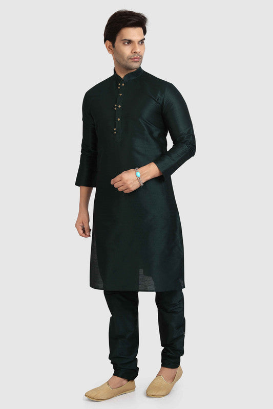 Men's Dark Green Art Silk Solid Kurta Pajama Set