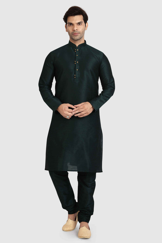 Men's Dark Green Art Silk Solid Kurta Pajama Set