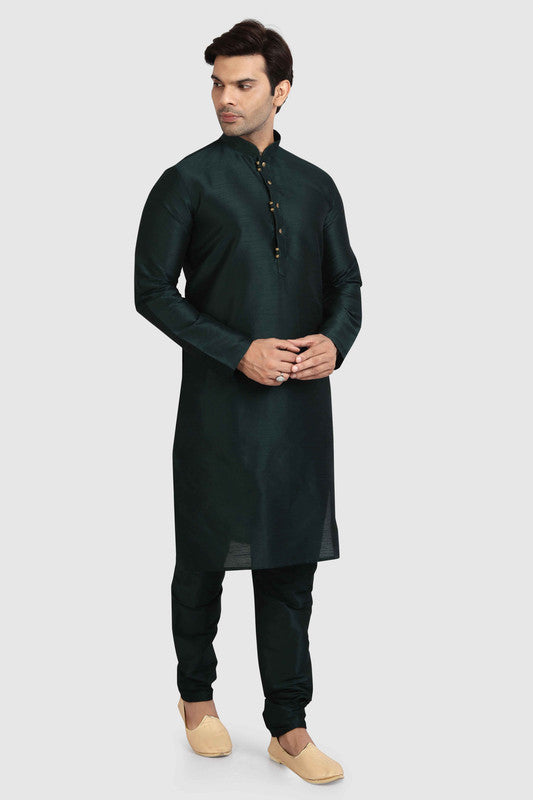 Men's Dark Green Art Silk Solid Kurta Pajama Set