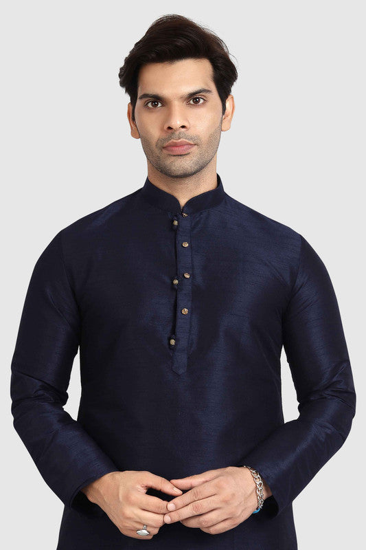 Men's Navy Blue Art Silk Solid Kurta Pajama Set